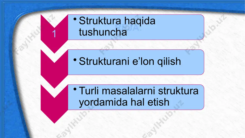 r_ball toifasi double. bu o’zgaruvchilar strukturaning qismlari hisoblanib, struktura maydonlari deb ataladi. talaba nomli strukturamizni ishga tushirish uchun, biz shunchaki talaba singari bitta o’zgaruvchi e’lon qilin olishimiz kerak masalan talaba person; // struktura nomini bosh harflar bilan yozish maqsadga muvofiq, o’zgaruvchi nomi esa kichik harflar bilan. strukturaning tavsifiga misol: struct talaba { int id; string fam; int im_soni; double or_ball; }; struktura maydonlariga murojaat qilish qachonki biz strukturaning o’zgaruvchisini e’lon qilganimizda ya’ni talaba person u butun strukturaga tegishli bo’ladi. uning har bir maydoniga alohida murojaat qilish uchun maydonni tanlash operatoridan foydalanamiz misolda strukturaning har bir maydonini initsializatsiya qilish uchun maydonni tanlash operatoridan foydalanilgan: person.id = 1; person.fam = “azizova”; person.im_soni = 4; person.or_ball = 4.17; topshiriq qurilishga kelib tushgan buyurtma bo’yicha xaridor haqidagi ma’lumotlar to’ldirilsin #include using namespace std; struct qurilish //struktura hosil qilamiz! { char *xaridor; //bu yerda xaridor nomi saqlanadi char *shahar; //shahar nomi int xonalar_soni; //xonalar soni …