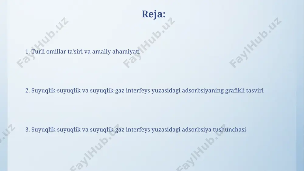 freundlich izotermasi, empirik tenglama bo'lib, adsorbentning yuzasidagi energetik bir xillikni hisobga olmaydi va ko'pincha to'qimalarning 10-100 nm gacha bo'lgan mikro- va mezoporali tuzilmalarda adsorbsiyani ta'riflashda ishlatiladi. langmuir adsorbsiya modeli langmuir adsorbsiyasi modeli 1916-yilda irving langmuir tomonidan taklif qilingan bo'lib, monomolekulyar qatlam hosil bo'lishini va adsorbent yuzasidagi barcha faol markazlarning bir xil energiyaga ega ekanligini faraz qiladi. langmuir tenglamasini qo'llash orqali, masalan, benzolning suv-havo interfeysidagi adsorbsiyasi uchun (25°c da) o'rtacha 0,2 nm² yuzaga to'g'ri keladigan molekulalar zichligi aniqlanishi mumkin. adsorbsiya termodinamikasi adsorbsiyaning issiqlik effekti, masalan, toshkentdagi 20°c haroratda o'tkazilgan tajribalarda, adsorbentga 1 mol modda adsorbsiyalanganda chiqariladigan yoki yutilgan issiqlik miqdorini aks ettiradi, bu miqdor adsorbent va adsorbat tabiatiga bog'liq. adsorbsiya jarayonining gibbs erkin energiyasi o'zgarishi (δg) manfiy bo'lganda, 25°c haroratda va 1 atm bosimda, masalan, suv-havo interfeysida organik moddalar adsorbsiyasi spontan ravishda sodir bo'ladi. amfifil molekulalar va micellalar amfifil molekulalarning uzunligi 12 dan 20 uglerod atomigacha bo'lishi ularning suvda micellalar hosil …