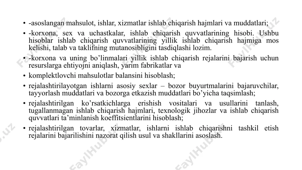 am tegishli. 5. mahsulot sifat ko’rsatkichlarini rejalashtirish. ishlab chiqarish dasturi bir yilga kvartallar va oylar bo’yicha taqsimlangan holda tuziladi. yillik ishlab chiqarish rejasini kvartallarga taqsimlashda quyidagi tomonlarga asoslanadi: 1. ish o’rinlarini ixtisoslashtirish va ishlab chiqarishni tashkil etish uslublarini takomillashtirish uchun qulay sharoitlarni yaratish maqsadida bir turdagi mahsulotlarni kvartallar bo’yicha konsentratsiyalash. 2. 4-kvartalda ishlab chiqarilayotgan mahsulotni reja yilining bir kvartalida ham ishlab chiqarishni yo’lga qo’yish va shu orqali ishlab chiqarishni tayyorlash xarajatlarini qisqartirish 3.yangi jihozlarni kiritish kutilayotgan kvartalda mahsulot hajmining o’sishini rejalashtirish 4. mahsulot ishlab chiqarish muddatini ularni yetkazib berish shartnomasida ko’rsatilgan muddatlar bilan uyunlashtirish 5. kvartaldagi ish kunlarini e’tiborga olgan holda taqsimotni oshirish. tovar, yalpi, sotilgan mahsulot zavod usulida aniqlanadi ya’ni rejalashtirilgan tayyor mahsulot va yarim tayyor mahsulotlar hajmidan korxona ichida iste’mol qilinadigan mahsulotlar qiymati ayirib tashlanadi. tayyor mahsulot standartlar yoki texnik shartlarga muvofiq to’liq tayyorlangan, texnik nazoratdan o’tgan va tayyor mahsulot omborxonasiga to’shirilgan buyumlardir. yarim fabrikatlar – texnologik jarayonning …