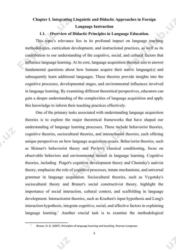 ning processes. these include behaviorist theories, cognitive theories, sociocultural theories, and interactionist theories, each offering unique perspectives on how language acquisition occurs. behaviorist theories, such as skinner's behaviorist theory and pavlov's classical conditioning, focus on observable behaviors and environmental stimuli in language learning. cognitive theories, including piaget's cognitive development theory and chomsky's nativist theory, emphasize the role of cognitive processes, innate mechanisms, and universal grammar in language acquisition. sociocultural theories, such as vygotsky's sociocultural theory and bruner's social constructivist theory, highlight the importance of social interaction, cultural context, and scaffolding in language development. interactionist theories, such as krashen's input hypothesis and long's interaction hypothesis, integrate cognitive, social, and affective factors in explaining language learning.[footnoteref:1] another crucial task is to examine the methodological foundations of language acquisition theories and their implications for language teaching and learning. language acquisition theories inform instructional practices by providing insights into the most effective approaches, techniques, …