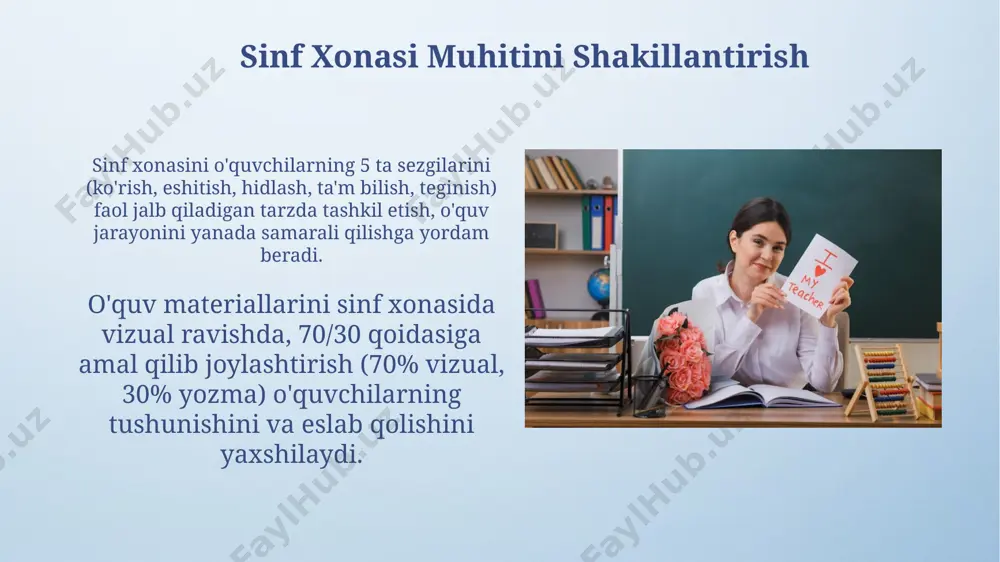 kmalarini oshirganligi, differensial ta'limning ilk qadam dasturi doirasidagi ta'sirini tasdiqlaydi. dars rejalarini ishlab chiqish va amalga oshirish dars rejasida differensiatsiya prinsipi hisobga olinib, kamida 2 xil darajadagi topshiriqlarni (masalan, yuqori, o'rtacha va past darajadagi) kiritish va o'quvchilarning individual ehtiyojlarini qondirishga e'tibor qaratish lozim. ilk qadam davlat ta'lim dasturiga muvofiq, dars rejalari 1-sinf uchun kamida 30 daqiqa, 2-sinf uchun esa 40 daqiqa davom etishi tavsiya etiladi, bu vaqt oralig'ida barcha faoliyatlarni bajarishga e'tibor qaratish zarur. farqlashtirilgan yondashuv farqlashtirilgan yondashuvning samaradorligi, o'quvchilarning bilim darajasi va o'zlashtirish sur'atlarini kuzatish orqali, kamida har 4 haftada bir marta baholanib boriladi. farqlashtirilgan yondashuv o'quvchilarning 3 ta asosiy o'rganish uslubi – vizual, auditoriy va kinestetik – hisobga olgan holda, individual ehtiyojlariga moslashtirilgan ta'limni ta'minlaydi. kelajakdagi rejalar va takliflar ilk qadam dasturining samaradorligini baholash uchun 2025 yil oxiriga qadar 50 ta maktabda monitoring va baholash ishlarini o‘tkazib, o‘quv jarayonini takomillashtirish bo‘yicha 3 ta asosiy taklif tayyorlashni rejalashtirmoqdamiz. o‘qituvchilarning …