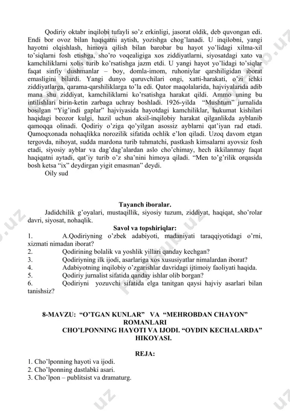 , qamaladi. “baxtsiz kuyov”da esa muallif qoloq odatlardan biri – hashamatli to’y ortiqcha sarf-xarajatlar va ularning ko’ngilsiz oqibatlari masalasini ko’taradi. amakisining maslahati bilan solih ismli yetim yigit katta qarz ko’tarib dabdabali to’y qilib, boy xonadon qiziga uylanadi. vaqtida qarzini uzolmay garovga qo’yilgan hovli-joyidan ajralish oldida sharmandalikdan o’zini-o’zi o’ldiradi. qodiriyning oktabr inqilobidan keyingi faoliyati asosan matbuot bilan bog’langan. 1919-yili “oziq ishlari” gazetasiga muharrir bo’lib tayinlandi; so’ngra “ro’sta” gazetasiga muxbir, “ishtirokiyun” va “qizil bayroq” gazetalarida xodim, “inqilob”, “kommunist yo’ldoshi” majmualarida sarkotib va xodim bo’lib ishlaydi. qodiriy ham matbuot xodimi, ham jurnalist-publitsist, hajviy yozuvchi sifatida o’zbekistonda yangi tipdagi sovet matbuotining tug’ilishi va shakllanishida benihoyat katta xizmat qildi. ayniqsa, “mushtum” jurnalining tashkil topishida va oyoqqa turishida katta jonbozlik ko’rsatdi. qodiriy matbuot, jurnalistika sohasidagi bilimi va malakasini oshirish maqsadida 1924-1925-yillar orasida moskvadagi oliy jurnalistika institutida ta’lim oladi. moskvada o’qigan kezlarida ham respublika matbuoti bilan aloqasini uzmaydi. qodiriy 1919-1925-yillar orasida matbuotda yuzlab maqola, hajviyalari bilan qatnashadi. …