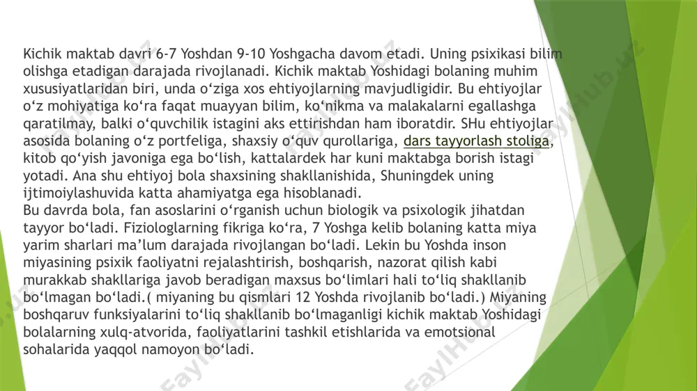 ishiga sabab bo‘ladi. psixolog olimlarning fikricha, psixik va evolyusiya taraqqiyot qonunlari ham fizik qonunlardek buzilmas, hamda universaldir. o‘qish faoliyati kichik maktab yoshidagi o‘quvchining aql-idroki, sezgirligi, kuzatuvchanligi, eslab qolish va esga tushirish imkoniyatlarining rivojlanishi uchun muhim shart-sharoitlar yaratadi, hisoblash malakalarini shakllantiradi. shu yoshdagi bola idrokining o‘tkirligi, ravshanligi, sofligi, aniqligi, xayolining yorqinligi, xotirasining kuchliligi, tafakkurining yaqqolligi o‘zining qiziquvchanligi, ishonuvchanligi bilan boshqa yoshdagi bolalardan ajralib turadi. kichik maktab davrida o‘qish faoliyati bilan shug‘ullanish, jumladan, moddiy narsalarning har xil xossalari bilan tanishish sezgilarning o‘sishiga katta ta’sir ko‘rsatadi. kichik maktab yoshidagi o‘quvchilarda asosan farq qila olish, ko‘rish va eshitish sezgilari ayniqsa tez o‘sadi. 7-10 yoshli bolalarda ranglarning tuslarini sezish 45% ortishi,10-12 yoshgacha bolalarda esa 65%gacha ortishi rus olimlari tomonidan aniqlanilgan. kichik maktab o‘quvchilarini rasm chizishga o‘rgatish ranglarni farqlash sezgirligining o‘sishiga katta ta’sir ko‘rsatadi. ohanglarni farq qilish sezgirligi, ayniqsa bolalarga musiqa va ashula o‘rgatish jarayonida kuchli suratda o‘sadi. maktab ta’limiga tayyorlanayotgan bolada diqqat nisbatan uzoq muddatli …