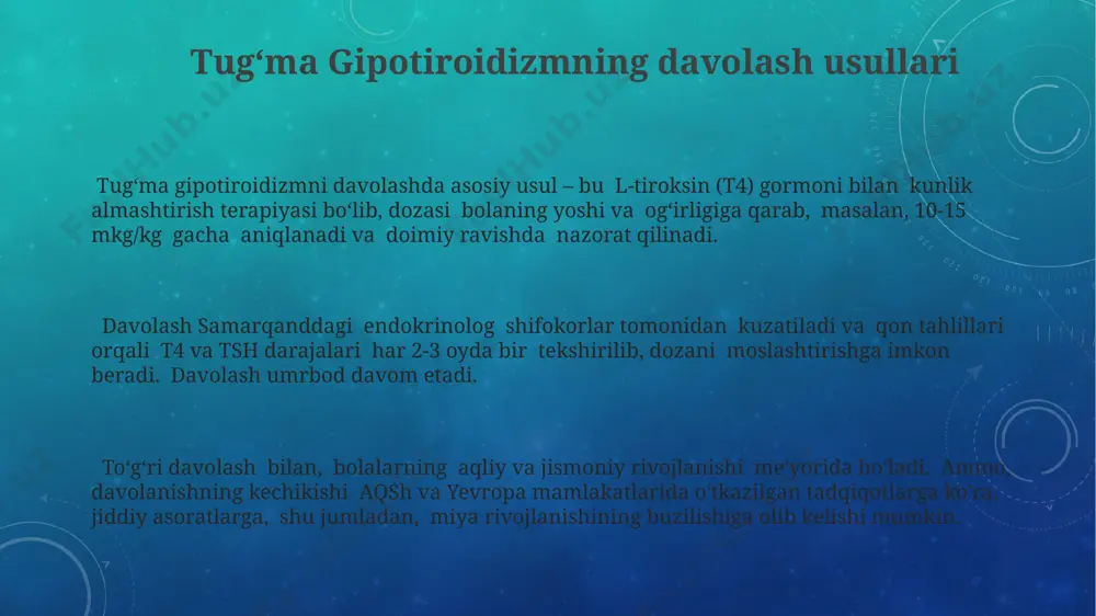 rda, bolaning jismoniy rivojlanishi va neyrologik tekshiruvi, masalan, reflekslar va mushak ohangining baholashini o'z ichiga olgan holda, o'zbekiston respublikasining tibbiyot muassasalarida qo'llaniladi. gipotiroidizm shubhasi bo'lgan chaqaloqlarda, ultratovush tekshiruvi qalqonsimon bezining o'lchamlarini va tuzilishini aniqlash uchun qo'llaniladi, masalan, toshlarning mavjudligini aniqlash uchun. tug'ma gipotiroidizmning dastlabki diagnostikasi, ayniqsa, yangi tug'ilgan chaqaloqlarning qonida tsh darajasini aniqlash orqali, 24-72 soat ichida, ko'pgina rivojlangan mamlakatlarda, jumladan, aqshda, amalga oshiriladi. tugʻma gipotiroidizmning profilaktikasi tugʻma gipotiroidizmning oldini olish uchun homiladorlikning 24-28 haftalarida barcha homilador ayollarga qalqonsimon bez gormonlari darajasini tekshirish boʻyicha keng koʻlamli skrining dasturlarini amalga oshirish muhimdir, ayniqsa andijon viloyati kabi yuqori xavf hududlarida. bolalarda tugʻma gipotiroidizmni erta aniqlash va davolash uchun yangi tugʻilgan chaqaloqlarni qon tekshiruvidan oʻtkazish (2-5 kun ichida) va natijalarni tezkor tahlil qilish (masalan, toshkent shahridagi maxsus laboratoriyalarda) juda muhim ahamiyatga ega. tugʻma gipotiroidizm xavfini kamaytirish uchun yod yetarli miqdorda iste’mol qilish muhimdir. jahon sogʻliqni saqlash tashkilotining tavsiyalariga koʻra, kunlik yod iste’moli 150 …