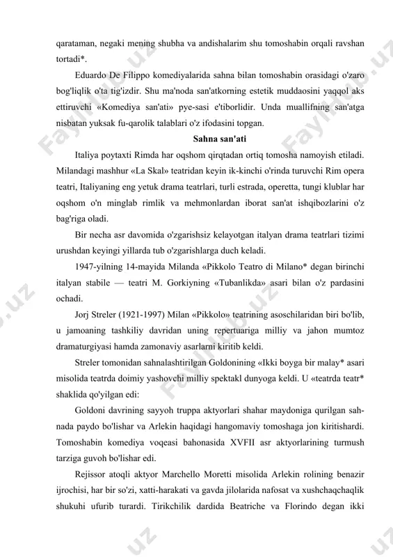 furib turardi. tirikchilik dardida beatriche va florindo degan ikki aslzodaga xizmat-kor bo'lib yollangan uchar arlekin taxta sahnada quyundek paydo boiar, ikkala hojasiga sezdirmay, har ikkalasining topshirig'ini ado etar va yana quyundek g'oyib bo'lar edi. zamonaviy italyan teatrining an'analar bilan bog'liqlik tarzi rejissyorning pirandello asarlarining sahnaviy talqinlarida davom ettirildi. «tog' pahlavonlari» (1947, 1966), «bugun oqshom badi-hago'ylik qilamiz» (1949), «01ti personaj muallifini izlaydi* (1953), «tentak» (1954) spektakllarida u fojiona to'qnashuvlarni ochib beradi. strelar rejissurasiga xos falsafiy ko'lamdorlik, realistik tamoyil-larning shoirona obrazlilik bilan uyg'unligi jahon dramaturgiyasi asarlarida, awalo, shekspirning «richard ii» (1948), «qiyiq qizning quyilishi» (1949), «richard lib (1950), «yuliy sezar* (1953), «qirol lir» (1973) va rus dramaturgiyasidan ostrovskiyning «mo-maqaldiroq* (1947), gogolning «revizor» (1952), chexovning «chayka» (1948) kabi asarlarida keng namoyon bo'ldi. jon strelerning 1982-yili parijda tashkil etilgan «ovro"po teatri»ga rahbar sifatida taklif etilishi uning yuqori xalqaro nufuzi-dan darak beradi. ushbu teatrning birinchi mavsumini ochish hu-quqi «pikkolo» teatriga berildi. milan «pikkolo teatro* si …