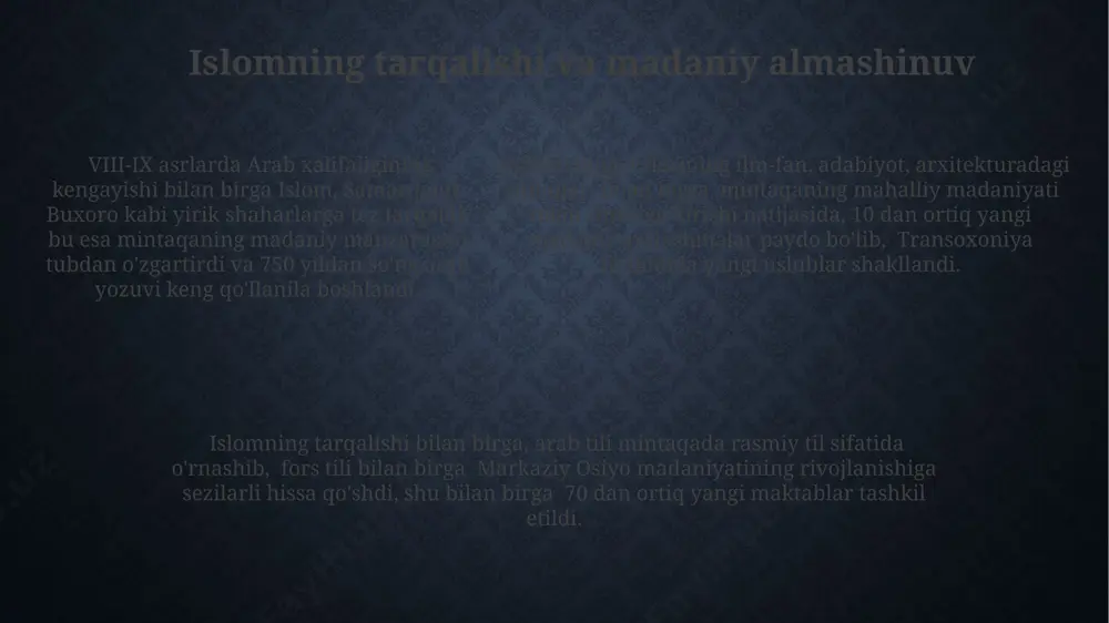 lgan. turk xoqonligi va boshqa mahalliy qabilalar arab istilosining oldini olish uchun birlashgan, ammo ularning ittifoqi zaif bo‘lib, 751-yilda talas jangida arablarga yutqazishgan. e'tiboringiz uchun rahmat @taqdimot_robot