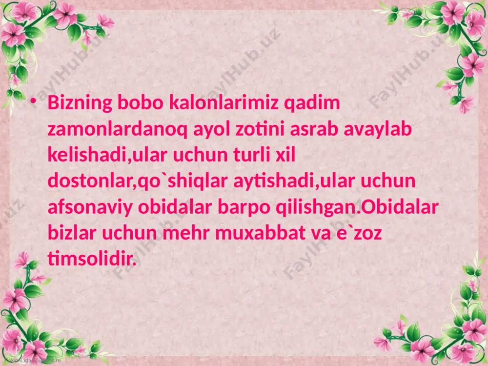 n, jamiyatdagi istalgan masalaga fikr bildirib, har qanday muammodan chiqish yo’lini topa oladigan qiz degani emasmi? fokinalida.75@mail.ru www.arxiv.uz fokinalida.75@mail.ru mamlakatimiz mustaqilligi bois qizlarimizga ,ayollarimizga hurmat-e’tibor yanada yuksaldi. xotin-qizlarimizning ijtimoiy hayotdagi o’rni mustahkamlandi. o’zbekiston respublikasi birinchi prizidenti i.a.karimov ning farmoniga binoan 1999-yil “ayollar yili” deb nomlanishi ham buning yaqqol ifodasi bo’la oladi. fokinalida.75@mail.ru www.arxiv.uz zulfiya nomidagi davlat mukofotining ta’sis etilishi adabiyot, fan, ta’lim, madaniyat va san’at sohalarida izlanayotgan, faol, fidoyi, tashabbuskor va iqtidorli qizlarni kashf etishda muhim. har yili o‘zining a’lo bilimi va xulqi, adabiyot va san’at sohasidagi iste’dodini namoyon qilib kelayotgan yuz nafardan ziyod iqtidorli qiz ushbu mukofotga sazovor bo‘ldi. fokinalida.75@mail.ru asrlar davomida xalqimiz, millatimiz qadrlab kelgan odatlarga qarshi chiqib, yevropaning bema’ni modasi ketidan quvayotgani, bu orqali o’zining va shu bilan birga millatining saviyasiga yomon ta’sir ko’rsatayotganlariga aqli yetmagan “xurliqolarimiz, shubxasiz , og`izlarini to’ldirib saqich chaynash, yigitlar bilan tengma-teng gap talashish, erkakcha so’kinishdan ham tap tortmaslik, uyat-hayodan yiroq bo’lgan mavzularda …