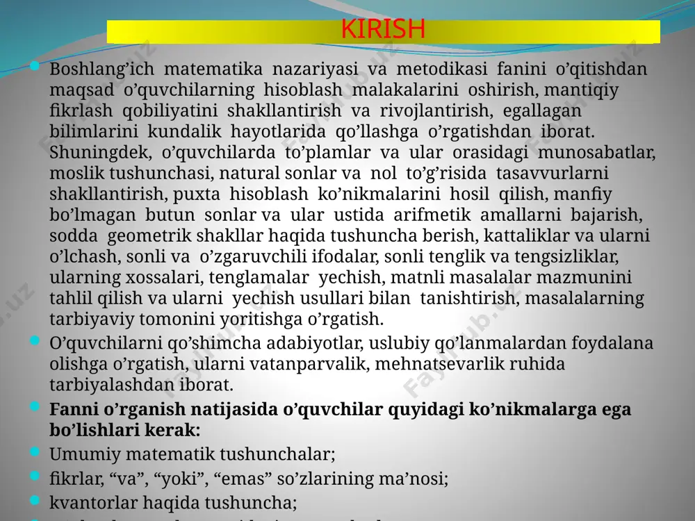 asosidir. yuz ichidagi sonlarni nomerlashni o’rganishda o’qituvchining vazifasi bolalarga predmetlarni bittalab, gruppalab sanashgna urgatish, yuz ichidagi sonlarni ukish va yozishga urgatish, bolalarga ungdan chapga xisoblaganda birliklar ( i xona birliklari), o’nliklar (ii xona birliklari) kaysi uringa yozilishini aniklash, u yo bu xona birliklari yukligini qanday belgilashni kursatish, birinchi va ikkinchi xona birliklari, xona soni, xona kushiluvchilarning yigindisi, bir va ikki xonali sonlar kabi tushunchalar va terminlarni o’quvchilar o’zlashtirib olishlariga erishishdan iborat. nomerlashni o’rganishda ikki boskich ajratiladi: 11-20 sonlarni va 21-100 gacha bulgan sonlari nomerlash. 20 gacha bulgan (11-20) ikki xonali sonlarni va 20 dan (21-100) katta bulgan ikki xonali sonlarni nomerlash bir-biriga uxshash, bu sonlarni ogzaki va yozma nomerlash sanokda birliklarni untalab gruppalashga va sonlarni yozishda rakamlarning urin kiymatlari printsipiga asoslanadi. 10 dan katta sonlarni yozma nomerlash sanoqda birliklarni unli gruppalashga va rakamlarning urin kiymatlari printsipini kullashga asoslangan: ungdan chapga karab sanalganda birliklar birinchi uringa, o’nliklar ikkinchi uringa yoziladi. ikki …
