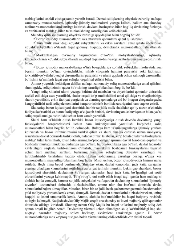 avvaldan qonun doirasida belgilab qo‘yilgan qismini undirib olinishi bilan. soliqlar iqtisodiy faollikni tartibga solish orqali takror ishlab chiqarish jaryoniga ta’sir ko‘rsatadi. davlat foydaga solinadigan soliqlardan foydalanib, sarmoyani jamg‘arish jarayonlariga ta’sir ko‘rsatadi, masalan: jadallashtirilgan amortizatsiya ajratmalari orqali. jadallashtirilgan amortizatsiya usuli iqtisodiyotining korporativ sektorida kapital qo‘yilmalarni ko‘paytirishning muhim omili hisoblanadi, chunki uni qo‘llash orqali fan-texnika taraqqiyotini yuksaltirish, iqtisodiyotda tarkibiy o‘zgarishlarni rag‘batlantirish, rivojlantirish imkoniyatlari yaratilishi mumkin. soliqlar orqali to‘lovchilar va byudjet o‘rtasida daromadlar taqsimlanayotganda tomonlarning iqtisodiy manfaatini, albatta e’tiborga olish zarur. soliq to‘lovchilar daromadini davlat oʻz xohishicha ololmaydi, soliqlarni byudjetga olishning ma’lum chegarasi mavjud. shu bilan birga, soliq to‘lovchilarning mahsulot ishlab chiqarish va foyda olishdagi faoliyati hisobiga olinib, soliq belgilanadi. shuning uchun ham, davlat soliqlardan makroiqtisodiyotni rivojlantirish, bozor infratuzilmasini yaratish va boshqa umumdavlat maqsadlari uchun yetarli moliyaviy resurslar to‘plashda keng foydalanishi lozim. shu o‘rinda soliqlarga turli iqtisodchilar tomonidan berilgan ta’riflarni keltirib o‘tish o‘rinlidir. “soliqlar, - deb yozadi d.rikardo, - hokimiyat ixtiyoriga kelib tushadigan …