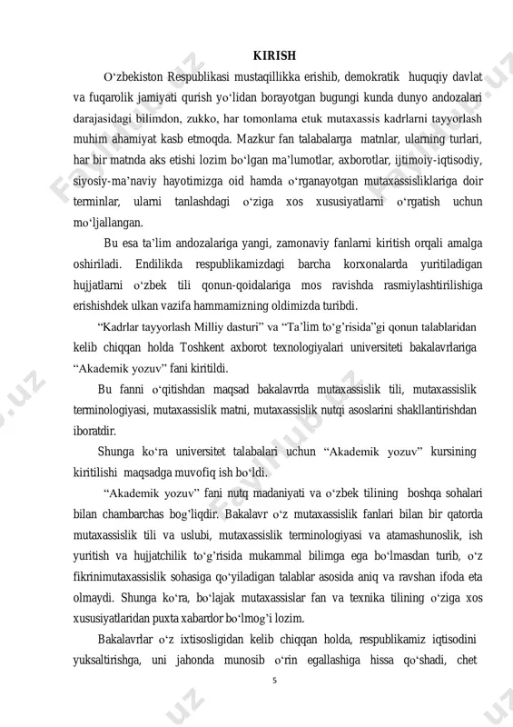 arning millatidan qat’iy nazar, o‘zbek tilini puxta egallashlarini taqozo etmoqda. shu bois, mazkur o‘quv kursining o‘qitilishi muayyan amaliy yo‘nalishga ega bo‘lib, bakalavr mutaxassislik tili bo‘yicha nazariy bilim va amaliy ko‘nikmalarni, o‘z sohasiga oid so‘z va terminlarni, hujjatlarni to‘g’ri yozish malakasini hosil qilishni ko‘zda tutadi. bo‘lajak mutaxassisning kasbiy layoqati va mahorati hozirgi davrda o‘z kasbining madaniyati asoslari hamda notiqlik me’yorlarini ham bilishni taqozo etmoqda. fanni o‘qitish tamoyillari, mazmuni va uslubini o‘zgartirib, talabalarning yozma nutqiy ko‘nikmalarni takomillashtirish, o‘zbek tilining boy imkoniyatlaridan o‘z mutaxassisligi bo‘yicha foydalanish, fikrini to‘g’ri, aniq, mantiqli ifoda etishga o‘rganishni ko‘zda tutadi. shularni nazarda tutib, o‘quv qo‘llanma nutqiy ko‘nikmalarni shakllantirishga yo‘naltirilgan kommunikativ tamoyilga asoslanib tuzildi. nazariy bilimlar fikr ifodalash vositasi bo‘lib, asosiy maqsadning amalga oshishiga xizmat qiladi. qo‘llanmada nutq uslublariga, jumladan, ilmiy, publitsistik, ilmiy-ommabop va rasmiy-idoraviy uslublarga keng o‘rin ajratilib, talabaning o‘z mutaxassisligi sohasi bo‘yicha ulardan foydalanib, matn yaratish ko‘nikmasi hosil qilinadi. qo‘llanmada talaba oldiga ilmiy, publtsistik, badiiy adabiyotlarni o‘qib …