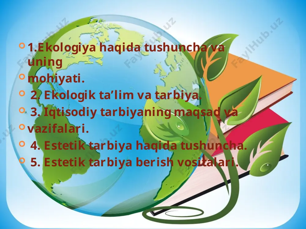 batlarni bilimlar tizimi tushuniladi. ekologik ta’lim – o‘quvchiga aniq maqsadga muvofiq, izchil, tizimli va uzluksiz ravishda nazariy ekologik bilimlarni berishga yo‘naltirilgan ta’limiy jarayondir. nazariy ekologik bilimlar hamda atrof-muhit va tabiat muhofazasi yo‘lida olib borilayotgan faoliyat birligi ekologik madaniyatni shakllantirishga xizmat qiladi. ekologik madaniyat – o‘quvchining ijtimoiy talablarga muvofiq tabiat va atrof-muhit muhofazasini tashkil etish qobiliyati. o‘quvchi tarbiyasida ishtirok etayotgan sub’ektning shaxsiy namunalari, o‘quv manbalari, badiiy adabiyotlar, ommaviy axborot vositalari, shuningdek, internet materialari va g‘oyalari ekologik madaniyatni shakllantirishning vositalari hisoblanadi ekologik ong – tabiat va atrof-muhitning mavjud holati, ularni muhofaza etish borasidagi tushunchalarning ongdagi ifodasi bo‘lib, u murakkab ijtimoiy-psixologik xodisa sifatida namoyon etadi. ekologik faoliyat – ekologik bilimlarga tayanilgan holda tabiat va atrof-muhit muhofazasini ta’minlash borasida amalga amalga oshirilayotgan xatti-haraktalar majmui demakdir. quyidagi vazifalarni amalga oshirish lozim o‘quvchiga tarbiya berishda ularning yashab turgan joyi va boyliklarini tejab-tergashga, ularga ongli ravishda muxofaza qilishga o‘rgatish; ekologik madaniyatni shakllantirish; ekologik savodxonlikni shakllantirish; o‘quvchiga ekologiya …