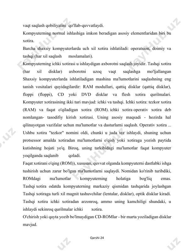 t kompyuter yoqilganda saqlanib qoladi. faqat xotirani o'qing (rom)), xususan, quvvat olganda kompyuterni dastlabki ishga tushirish uchun zarur bo'lgan ma'lumotlarni saqlaydi. nomidan ko'rinib turibdiki, romdagi ma'lumotlar kompyuterning holatiga bog'liq emas. tashqi xotira odatda kompyuterning markaziy qismidan tashqarida joylashgan tashqi xotiraga turli xil magnit tashuvchilar (lentalar, disklar), optik disklar kiradi. tashqi xotira ichki xotiradan arzonroq, ammo uning kamchiligi shundaki, u ishlaydi sekinroq qurilmalar ichki xotira. o'chirish yoki qayta yozib bo'lmaydigan cd-romlar - bir marta yoziladigan disklar mavjud. keyinchalik qayta yoziladigan lazer disklari - cd-rw ixtiro qilindi. tashqi xotira u juda xilma-xil ma'lumotlarni saqlash qurilmasi shaklida amalga oshiriladi va odatda mustaqil bloklar shaklida tizimli ravishda ishlab chiqilgan. bu, avvalo, egiluvchan va qattiq disklarni o'z ichiga olishi kerak magnit disklar(ikkinchisi jargonda ko'pincha qattiq disk deb ataladi), shuningdek optik disklar (cd-rom bilan ishlash uchun moslamalar). xotira turlari shaxsiy kompyuter kesh xotirasi... kompyuterdagi kesh xotirasining asosiy maqsadi dastur kodlari va hozirgi vaqtda qayta ishlanayotgan ma'lumotlarni …