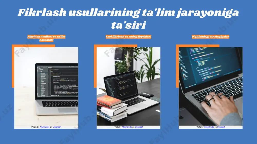 unda talabalarning tajribalarini baham ko'rishlari ham foydali bo'ladi. photo by altumcode on unsplash xulosa talim jarayonida fikrlash usullari va ularning ahamiyati ta'kidlandi. fikrlash usullari turlari: analitik, kreativ va tanqidiy fikrlash haqida ma'lumot berildi. o'ziga xos xususiyatlar va muvaffaqiyat o'rtasidagi bog'liqlik ko'rsatildi. o'ziga xos xususiyatlar shaxsiy rivojlanish va ijtimoiy-emotsional ko'nikmalarni oshirishga yordam beradi. bu ta'lim jarayonini samarali qilishda muhim o'rin tutadi. o'quvchilarning muvaffaqiyatini oshirish uchun o'ziga xos xususiyatlarni rivojlantirishga qaratilgan strategiyalar taklif etildi. ushbu xususiyatlarning ta'lim jarayonidagi ahamiyatini tushuntirish muhimdir. photo by florian olivo on unsplash e'tiboringiz uchun rahmat! image1.png image2.png image3.png image4.png image5.png image21.jpg image6.png image7.png image8.png image22.jpg image23.jpg image24.jpg image25.jpg image13.png image26.jpg image12.png image14.png image15.png image16.png image17.png image18.png image19.png image20.png