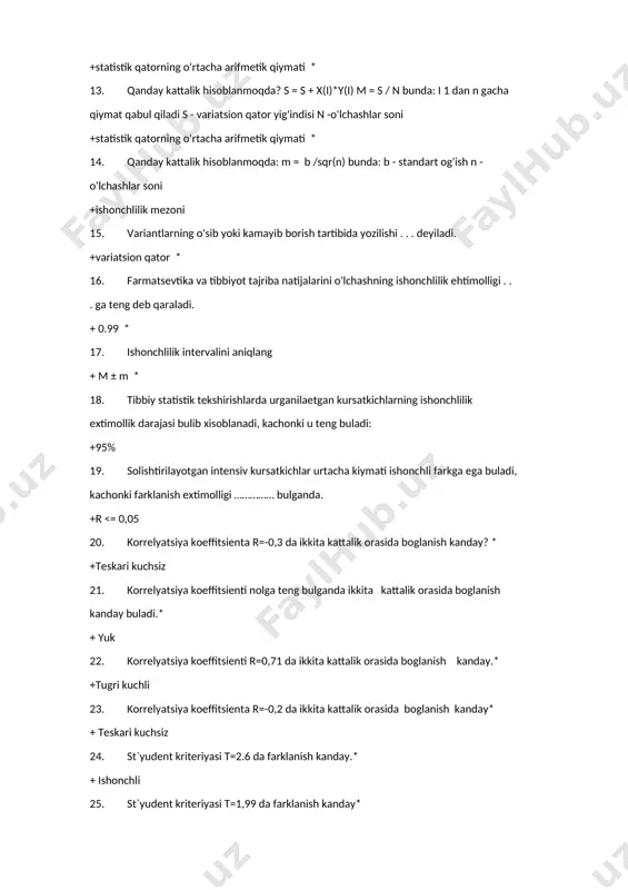 +formulalar +matnlar 189. excel: xar bir ishchi "list" kuyidagilardan iborat: +ustun - 256 +kator - 65536 +yacheyka 190. excel: xar bir yacheyka kuyidagilarga ega: +uz manziliga ega +manzil - ustunni aniklovchi nom +va katorni aniklovchi sondan iborat 191. excel: ustun kushish uchun bajariladigan ishlar ketma-ketligini tanlang +ustun belgilanadi +ung tugmacha bosiladi +dobavit` yacheyki 192. excel: kator kushish uchun bajariladigan ishlar ketma-ketligini tanlang +kator belgilanadi +ung tugmacha bosiladi +dobavit` yacheyki 193. excel: ustun va katorlarni uchirish uchun bajariladigan ishlar ketma-ketligini tanlang +ustun yoki kator belgilanadi +ung tugmacha bosiladi +udalit` 194. excel: aktiv yacheykani uzgartirish uchun ishlatiladigan tugmachalar +yunaltiruvchi tugmachalar +enter +tab 195. excel: belgilangan diapazondagi aktiv yacheykani uzgartirish uchun ishlatiladigan tugmachalar +enter +tab +shift+tab 196. excel: diagramma yaratish: +diagramma uchun kerak bulgan diapazon belgilanadi +menyu satridagi vstavka va +diagramma tanlanadi 197. excel: yacheyka nusxalarini kuyish usullari +ctrl + v +shift + insert +enter 198. excel: x ning kiymati v3 yacheykada joylashgan, …