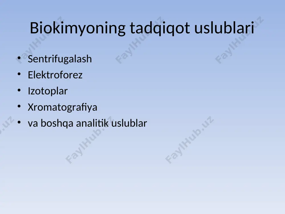 oziq manbai uglevod, oqsil, yog’ va mineral moddalardan iboratligini aniqladi. shevrel – yog’, butlerov – uglevodlar, fisher -nukleoproteidlar tuzilishini o’rgandi. lui paster – achish, i.pavlov – hazm fiziologiyasi, k.timiryazev fotosintezni o’rganishdi. 3.rivojlanish tarixi eduard byuxner (1860-1917) – fermentlar konsepsiyasini yaratdi (1907 yil nobel mukofoti). svadberg – senrifugalash, tizelius –elektroforez, svet – xromatografiya usullarini yaratdilar. meyergof va hill – muskullarga sut kislotani hosil bo’lishi va energiya ajralishini aniqlangan. lipman – atf ni amf gacha parchalanishini aniqlagan g.krebs - uch karbon kislotalar siklini aniqlagan. steyn va mur – aminokislotalar ketma-ketligini aniqlash usulini yaratgan. 4.rivojlanish tarixi uotson, krik va franklin – dnk molekulasi qo’sh zanjirdan iborat ekanligini aniqlagan. ochoa – rnk ni fermentativ sintezladi kornberg - dnk ni fermentativ sintezladi zamonaviy biokimyoning yutuqlari metabolizmdagi turli moddalar miqdorini tez aniqlash imkoni fermentlar katalitik markazi tuzilishi 3d xolatda aniqlanmoqda izotoplar yordamida belgilangan organga dorilar yuborish nuklein kislotalar biosintezi va boshqarilishi to‘la o‘rganildi oqsil biosintezi to‘liq …