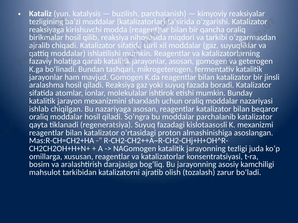 reaksiyalarda proton almashinishi roʻy beradi, yaʼni proton katalizatordan reagentga yoki, aksincha, reagentdan katalizatorga oʻtadi. k. jarayoni keyingi bosqichda polimerlanish, izomerlanish: kreking jarayonlari alyuminiy silikat taʼsirida shu kislotaasos katalizi mexanizmi bilan boradi. oksidlanish-qaytarilish katalizida metall, metall oksidlari, tuzlar katalizator boʻlib xizmat qiladi. bunday k.da elektron almashadi, elektron katalizatorlardan reagentga yoki, aksincha, reagentdan katalizatorga oʻtadi. shunday qilib, ok-sidlanish — qaytarilish jarayoni sodir boʻladi. maʼlum katalizator yoki katalizatorlar guruhi kimyoviy reaksiyaning maʼlum yoʻnalishinigina oʻzgartiradi, tezlatadi, xolos. shunga koʻra, muayyan reaksiya uchun katalizator tanlash amaliy ahamiyatga ega boʻlgan asosiy va muhim vazifadir. hoz. vaqtda k.ning umumlashgan yagona nazariyasi mavjud boʻlmasada, uning baʼzi tomonlarini eʼtiborga olgan ayrim nazariyalar bor. rus kimyogarlari n. i. kobozevning faol ansambl, a. a. balandinning multiplet k.i.ning elektron va zanjir nazariyalari shular jumlasidandir. chapda: qisman karamellashgan qand, oʻngda: qandni kul bilan yondirilmoqda (bu yerda kul - katalizator). kataliz nazariyasi kataliz hodisasining keng tarqalganligi, uning katta amaliy ahamiyatga egaligi va sirtdan qaraganda …