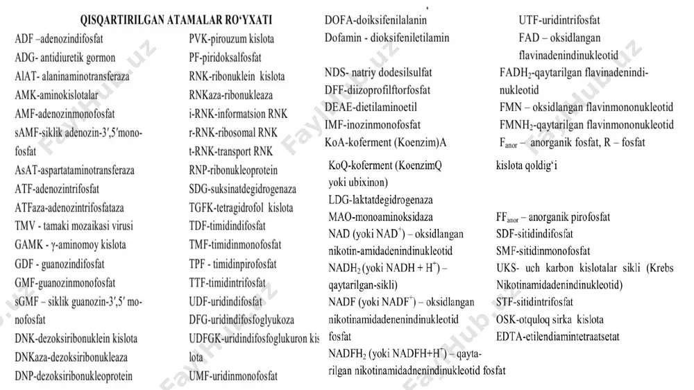 larining differensirovkasi, genom faolligining mexanizmi, irsiy kasalliklar rivojlanishining molekulyar asoslari va boshqalar 1-mavzu. biologik membranalar. biologik oksidlanish reja. 1. biomembranalar vazifasi va tuzilishi. 2. membrana oqsillari. 3. membrana uglevodlari: glikoproteinlar, glikolipidlar. 4. membranalardagi lipid qo‘shqavat. 5. biologik oksidlanish to‘g‘risida tushuncha. 6. adfning fosforillanishi (substratli va oksidlanishli fosforillanishi). 7. oksidlanishli fosforillanish mexanizmi. 8. nafas olish va fosforillanish ingibitorlari. plazmatik membrana tuzilishi. membrana funktsiyalari. biomembranalar quyidagi funksiyalarni bajaradi: 1. hujayra va hujayra organoidlarini o‘rab turadi va ajratadi. jumladan, hujayrani tashqi gardish muhitidan plazmatik membrane ajratadi va uning mexanik hamda kimyoviy ta’sirlardan himoya qiladi. shu bilan birga plazmatik membrana hujayra ichi va tashqi muhiti o‘rtasida metabolitlar va anorganik ionlar konsentratsiyasining farqinisaqlaydi. 2. hujayra ichiga metabolitlar va ionlar tashilishini boshqaradi va gomeostazni saqlashda muhim vazifani bajaradi. 3. hujayra tashqarisidagi signallarni qabul qilish va hujayra ichiga uzatish. 4. fermentativ kataliz. jumladan, mitoxondrial membranalarda joylashgan nafas zanjiri fermentlarining energiya almashinuvida, endoplazmatik turdagi ferment tizimlar ksenobiotiklarni detoksikatsiyasida, …