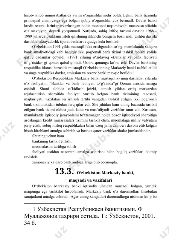 kitob munosabatlarida ayrim o‘zgarishlar sodir boldi. lekin, bank tizimida printsipial ahamiyatga ega bolgan ijobiy o‘zgarishlar yuz bermadl davlat banki kredit resurs- larini markazlashgan holda monopol taqsimlovchi muassasa sifatida o‘z mavqiyeni deyarli yo‘qotmadi. natijada, sobiq ittifoq tuzumi davrida 1988 - 1989 yillarda banklami isloh qilishning ikkinchi bosqichi boshlandi. ushbu davrda dastlabki aksiyadorlik tijorat banklari vujudga kela boshladi. o‘zbekiston 1991 yilda mustaqillikka erishgandan so‘ng, mamlakatda xalqaro bank amaliyotidagi kabi haqiqiy ikki pog‘onali bank tizimi tashkil topishi yolida qat’iy qadamlar qo'yildi. «1991 yilning o‘zidayoq «banklar va bank faoliyati to‘g‘risida» gi qonun qabul qilindi. ushbu qonunga ko‘ra, eski davlat bankining respublika idorasi bazasida mustaqil o‘zbekistonning markaziy banki tashkil etildi va unga respublika davlat, emission va rezerv banki mavqie berildi»[footnoteref:1]. [1: узбекистан республикаси банктизими. ф муллажонов таҳрири остида. т.: ўзбекистон, 2001. 34 б.] o‘zbekiston respublikasi markaziy banki mustaqillik- ning dastlabki yilarida o‘z faoliyatini “banklar va bank faoliyati to‘g‘risida”gi qonun asosida amaga oshirdi. shuni alohida ta’kidlash …