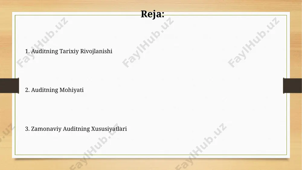 rdam beradi. auditning kelajagi 2025-yilga borib, blokcheyn texnologiyalari audit sohasida keng qoʻllanila boshlashi va singapur, london kabi yirik shaharlardagi firmalar bu texnologiya yordamida xavflarni boshqarishni 2 baravar samarali amalga oshirishi prognoz qilinmoqda. jahon boʻyicha 2030-yilga kelib, sunʼiy intellekt yordamida avtomatlashtirilgan audit jarayonlari 50% ga oshishi va bu audit xizmatlarining narxini 30% ga kamaytirishi kutilmoqda. korporativ boshqaruv va ichki audit ichki audit xodimlarining malakasi va professionalligi toshkent shahridagi malaka oshirish markazlari orqali, xalqaro standartlarga muvofiq, 5 yilda bir marta takomillashtirilib boriladi, bu esa audit sifati va samaradorligini oshiradi. korporativ boshqaruvning samarali ishlashi uchun ichki audit 3 dan ortiq muhim funksiyalarni, jumladan, xavflarni baholash va nazorat qilishni, moliyaviy hisobotlarning aniqligi va ishonchliligini ta'minlashni o'z ichiga oladi. bu jarayonlar xalqaro standartlar, masalan, coso, asosida amalga oshiriladi. xalqaro audit standartlari xalqaro audit standartlariga muvofiqlik, audit firmalari uchun 2-toifa va 3-toifa auditorlik xizmatlari ko'rsatishda majburiy hisoblanadi va jahon miqyosida moliyaviy hisobotlarning taqqoslanishini ta'minlaydi. xaslar, 150 …