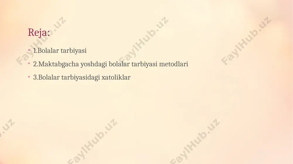'qituvchi. 2. xudoyberdiyev, a. (2010). maktabgacha ta'limda pedagogik texnologiyalar. toshkent: o'zbekiston milliy universiteti nashriyoti. 3. islomov, b. b. (2008). maktabgacha yoshdagi bolalar tarbiyasining nazariy asoslari. toshkent: o'qituvchi. 4. ibragimova, g. a. (2005). bolalar psixologiyasi. toshkent: tdtu nashriyoti. 5. davletova, d. k. (2015). maktabgacha ta'limda ijodiy yondashuvlar. toshkent: o'zbekiston respublikasi oliy va o'rta maxsus ta'lim vazirligi. 6. zuxrova, d. a. (2011). maktabgacha ta'lim jarayonida bolalar psixologiyasi. toshkent: "sharq" nashriyoti. rahmat!!! 11 image2.png image4.png image5.png image6.png image7.png image3.png image1.png