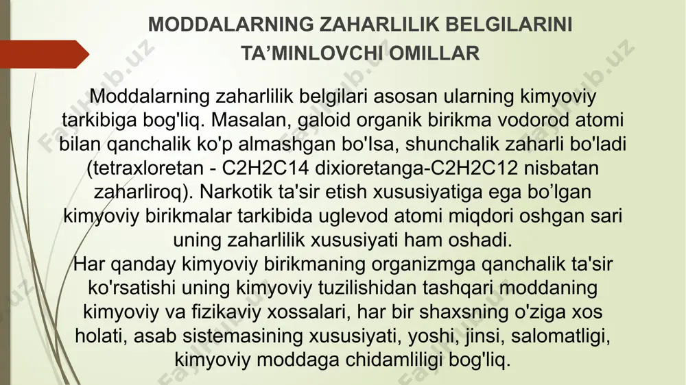 aziy asab sistemasining faoliyati buziladi, bosh miyada bosimning oshish alomatlari, qon quyilishlari kuzatiladi. organizmda kislorod yetishmasligi oqibatida markaziy nerv sistemasi faoliyati buziladi. profilaktikasi. is gazi hosil bo'ladigan ish joylarini zich berkitish, havo tortgich o'rnatish tavsiya etiladi. is gazi hosil bo'ladigan ish joylarida markaziy nerv sistemasida o' zgarishlar bor kishilaming ishlashi mumkin emas. vodorod sulfiddan zaharlanish. vodorod sulfid (h,s) - rangsiz gaz bo’lib, hidi palag’da tuxum hidini eslatadi, 60,2°c da qaynaydi, zichligi havoga nisbatan 1,1912 ni tashkil qiladi. sanoatda vodorod sulfid metallarni birikmalardan cho’ktirishda, margimushdan kislotalarni tozalashda, sun'iy shoyi fabrikalarida, kimyo va teri zavodlarida hamda kimyoviy laboratoriyalarda, neft qazib olishda va qayta ishlashda hosil bo’ladi.kam miqdorda ta 'sir etganda (kon'yunktivit), ko'zdan yosh oqishi, yorug'likdan cho'chish, yuqori nafas a'zolarining yallig'lanishi, dispeptik o’zgarishlar kuzatiladi. uzoq muddat ta'sir qilganda markaziy nerv sistemasi, jumladan: muvozanatni saqlay olmaslik, tutqanoq, falajlik, keyinchalik bronxopnevmoniya hamda psixoz kuzatiladi. profilaktikasi - vodorod sulfid hosil bo'ladigan ish joylarini to'liq zichlash, havo …