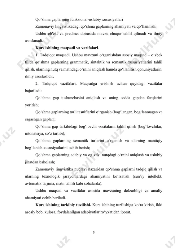 bu yerda "men kitob o‘qib o‘tirdim" va "ukam televizor ko‘rardi" gaplari bir-biriga teng maqomda bog‘langan. ergash bog‘langan qo‘shma gaplar – bunda gap qismlaridan biri bosh gap bo‘lib, ikkinchisi unga ergashgan holda bog‘lanadi. masalan: agar ob-havo yaxshi bo‘lsa, biz sayrga chiqamiz. bu gapda "biz sayrga chiqamiz" bosh gap bo‘lsa, "agar ob-havo yaxshi bo‘lsa" ergash gap bo‘lib xizmat qiladi. 2. bog‘lanmagan qo‘shma gaplar. bog‘lanmagan qo‘shma gaplarda sodda gaplar o‘zaro intonatsiya (ohang) va tinish belgilar yordamida bog‘lanadi. ya’ni, ular orasida aniq bog‘lovchi so‘z yoki bog‘lovchi vositalar bo‘lmaydi, lekin ma’no jihatidan bir-biriga bog‘langan bo‘ladi. bunday gaplarda qismlar odatda vergul, nuqtali vergul yoki chiziq yordamida ajratiladi. masalan: quyosh botdi, havo salqinlashdi. do‘stlarim keldi – men ularni kutib oldim. bog‘lanmagan qo‘shma gaplar asosan og‘zaki nutqda keng qo‘llaniladi, chunki ular mantiqiy bog‘lanishni ifodalash uchun intonatsiyaga tayanadi. 3. ergash gapli qo‘shma gaplar. ergash gapli qo‘shma gaplar tarkibida bir bosh gap va unga ergashib kelgan ikkinchi gap bo‘ladi. ergash …
