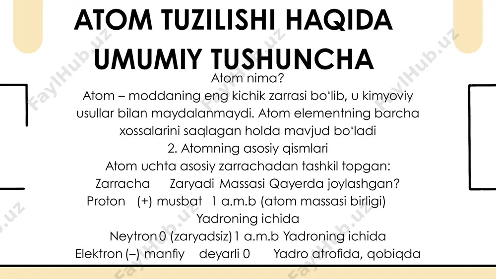 on soniga, ammo turli neytron soniga ega atomlar izotoplar deyiladi. misol: vodorodning izotoplari – protiy, deuteriy, tritiy. mavzuning dolzarbligi atom tuzilishi — kimyoning asosiy tushunchalaridan biri bo‘lib, keyingi mavzular (elementlar, kimyoviy bog‘lar, moddalarning xossalari) uchun poydevor hisoblanadi. shu sababli bu mavzuni chuqur va tushunarli tarzda o‘qitish juda muhim. mavzuning maqsadi o‘quvchilar: atom nima ekanini tushunadilar; proton, neytron, elektron tushunchalarini o‘zlashtiradilar; atom yadrosi va elektron qobig‘i haqida bilim oladilar; atomdagi elektronlar qanday taqsimlanishini (energiya sathlari bo‘yicha) o‘rganadilar; atom raqami, massa soni tushunchalarini farqlashni o‘rganadilar. o‘qitish metodikasi a) dars turlari: yangi bilimlarni o‘zlashtirish darsi aralash dars mustahkamlash va nazorat darslari b) pedagogik metodlar: tushuntirish (nazariy tushunchalarni oddiy, ravon tilda bayon qilish) vaziyatli savollar (masalan: “agar atomda 11 ta elektron bo‘lsa, bu qaysi element?”) grafik modellar bilan ishlash (bohr modeli, qatlamlar ko‘rinishidagi atom chizmalar) guruhli ishlar (o‘quvchilar kichik guruhlarda elementlar elektron konfiguratsiyasini tuzadilar) multimedia vositalari (atom tuzilishi animatsiyasi, 3d modellar) didaktik vositalar atom …