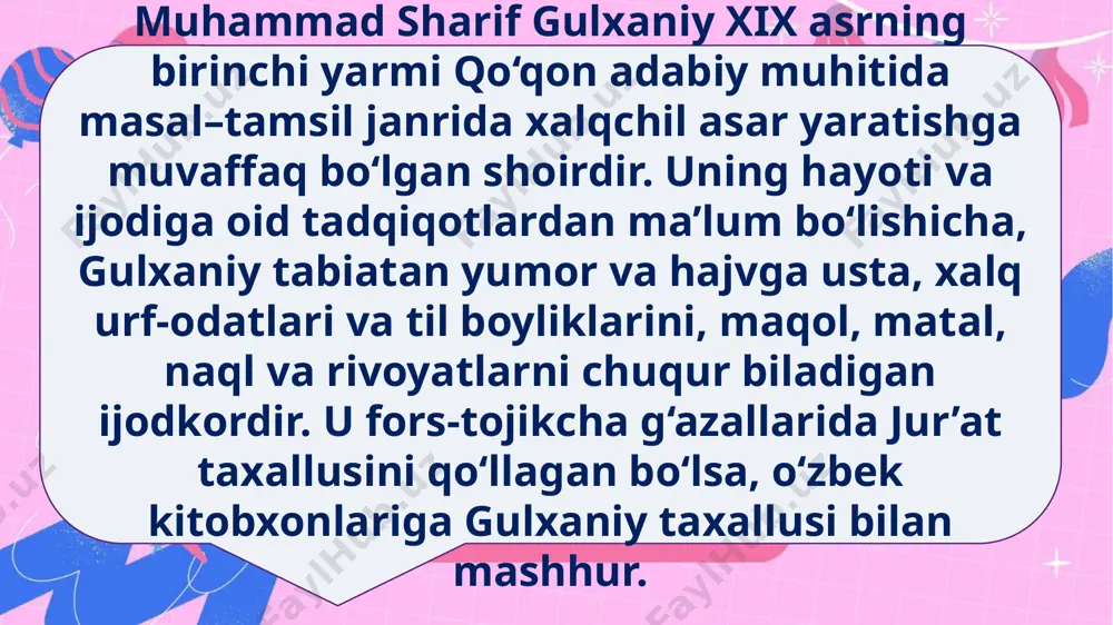 b yozilganligini tasdiqlaydi. gulxaniy “maymun bilan najjor” masalida hunar va hunar ahlini ulug‘laydi, qo‘lingdan kelmaydigan ishga aslo urinib kulgi bo‘lma, ko‘r-ko‘rona birovga taqlid qilib falokatga yo‘liqma, degan fikrni maymun qismati orqali ko‘rsatadi. bu masal axloqiy tarbiyaviy mavzuda bo‘lib, ishning mohiyatini bilmay, pala-partish kirishuvchi va oxirida o‘zi sharmanda bo‘lib qoluvchi kishilarga o‘git-nasihat tarzida keltirilgan. mehnatkash xalqning og‘ir hayoti va mehnati, huquqsizligi va nochorligi, ayanchli qismati esa “tuya bilan bo‘taloq”da badiiy tasvirlangan. gulxaniy bu masalda sarbon, tuya va bo‘taloq orqali xususan, o‘zi yashayotgan jamiyatdagi tengsizlikni, uning og‘ir mashaqqatlarini bayon qiladi. chunki, xalq uchun “tirikchilik toshdan qattiq”, sarbon o‘z g‘amida, tuya og‘ir yuk ostida, bo‘taloq esa ona sutidan mahrum. gulxaniyning “toshbaqa bilan chayon” masalida esa bir-biriga zid va qarama- qarshi ikki obraz berilgan: toshbaqa–aqlli, farosatli, safarlarda ko‘p yurib, ancha tajriba orttirgan, insofli, sodiq va qadrdon do‘st timsoli, chayon esa uning ziddi. u boshqalarga yomonlik qilishdan huzur qiladi, yaxshilikni bilmaydigan kimsalarning ramziy obrazidir. gulxaniy …