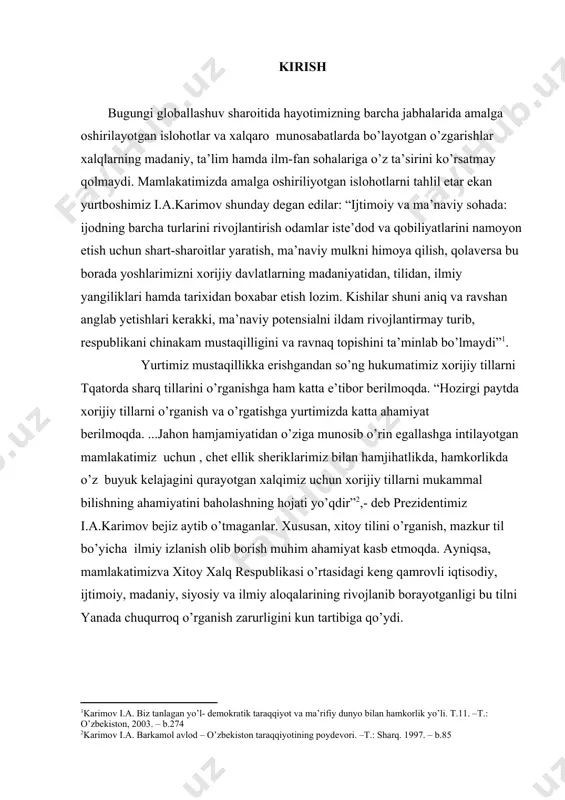 lik sheriklarimiz bilan hamjihatlikda, hamkorlikda o’z buyuk kelajagini qurayotgan xalqimiz uchun xorijiy tillarni mukammal bilishning ahamiyatini baholashning hojati yo’qdir”[footnoteref:2],- deb prezidentimiz i.a.karimov bejiz aytib o’tmaganlar. xususan, xitoy tilini o’rganish, mazkur til bo’yicha ilmiy izlanish olib borish muhim ahamiyat kasb etmoqda. ayniqsa, mamlakatimizva xitoy xalq respublikasi o’rtasidagi keng qamrovli iqtisodiy, ijtimoiy, madaniy, siyosiy va ilmiy aloqalarining rivojlanib borayotganligi bu tilni yanada chuqurroq o’rganish zarurligini kun tartibiga qo’ydi. [2: karimov i.a. barkamol avlod – o’zbekiston taraqqiyotining poydevori. –t.: sharq. 1997. – b.85] mening tadqiqot ishimning mavzusi “xitoy va o’zbek tilida so’roq gap tuzulishining qiyosiy tahlili” deb nomlanib, xitoy va o’zbek tilidagi so’roq gaplar qiyosiy jihatdan tahlil qilib chiqilgan. mavzuning dolzarbligi “hozirgi paytda xorijiy tillarni o’rganish va bilishning ahamiyati kuchayib bormoqda”. mazkur muammoni o’rgatish va rivojlantirish borasida yurtimizda shu masalaga katta ahamiyat berilmoqda.jahon hamjamiyatidan o’ziga xos munosib o’rin egallashga intilayotgan mamlakatimiz uchun,chet ellik sherik va hamkorlarimiz bilan birgalikda hamjihat holda, o’z buyuk kelajagini …