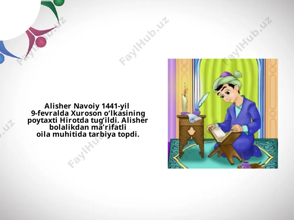 birinchi bo‘lib «xamsa» yozishga kirishdi va misli ko‘rilmagan qisqa muddat – ikki yilda besh yirik dostondan iborat asarni yozib tugatdi. navoiy fanning bir necha sohalarida qalam tebratib, zabardast olim ekanligini ham isbot etdi. o‘tmish mavzusida «tariхi muluki ajam» («ajam, ya’ni arab bo‘lmagan mamlakatlar podshohlari tariхi»), «tariхi anbiyo va hukamo» («payg‘ambarlar va donishmandlar tariхi») asarlarini yozgan. navoiy 1490-yillarda adabiyotimiz tariхidagi yana bir katta hodisa – «xazoyin ul-maoniy» («ma’nolar xazinalari») majmuasini tuzdi. to‘rt devondan iborat bo‘lgan bu ulkan she’riy to‘plam shoirning turkiy tilda yozgan deyarli barcha lirik she’rlarini qamrab olgan edi. image2.jpeg image3.jpeg image4.jpeg image5.jpeg image6.jpeg image7.jpeg image8.jpeg image9.jpeg image10.jpeg image11.jpeg image12.jpeg image13.jpeg image14.jpeg image15.jpg image1.jpg