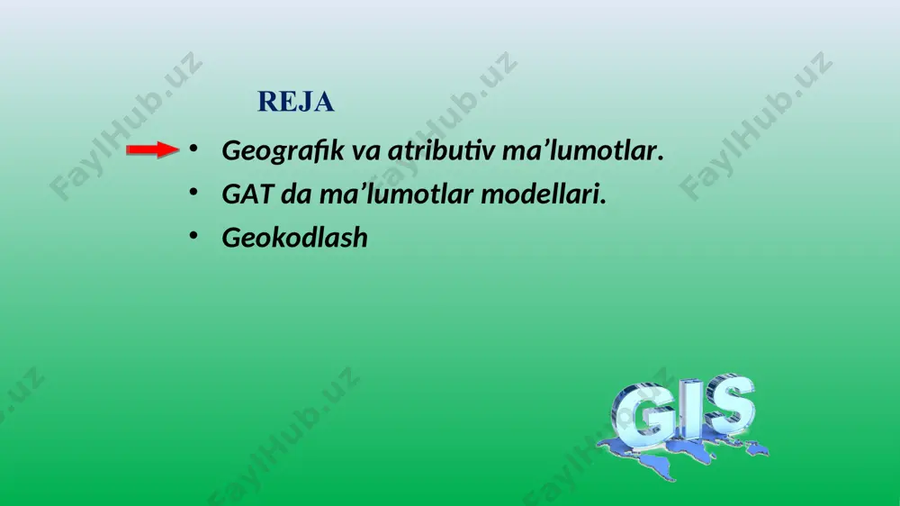 oki geovisualization deb ataladi. model ko’rinish. gat bu boshqa turdagi axborot va ma’lumotlarni o’zgartirish qurilmalari yig’indisiga ega bo’lgan tizim hamdir. bunda mavjud ma’lumotlar yig’indisidan yangi ma’lumotlar yig’indisini tashkil qilish tushuniladi. bunday jarayon boshqacha nom bilan geojarayonlash yoki geoprocessing deb ataladi. bu jarayonda geojarayonlovchi mavjud ma’lumotlarni olib ularni tahlil qiladi va xosil bo’lgan natijalarni yangi ma’lumotlar yig’indisi shaklida yaratib ma’lumotlar bazasiga saqlaydi. gat da geografik ma’lumotlar bilan bir qatorda jadvallar, diagrammalar va boshqa iqtisodiy, huquqiy ma’lumotlar kiritilish imkoniyati mavjud bo’lib, bunda eng asosiy e’tibor ma’lumotlar bazasida qaysi turdagi ma’lumotlarni va qaysi usul bilan tasvirlashga qaratilgan. bunday ma’lumot turi esa qisqacha atribut ma’lumotlar deb ataladi. atributlar bu ma’lumotlar bazasida o’rin olgan sonli va belgili (ramzli) tavsiflardir. atributlarda saqlanadigan ma’lumotlar umumiy, tarkibiy va belgili turlarga tegishli bo’lishi mumkin. gatda atribut ma’lumotlarning miqdori ulkandir. ular ijtimoiy-iqtisodiy, tabiiy va aniq bo’lgan ma’lumotlar asosida tuzilishi mumkin. ba’zi atributlarning vazifasi faqatgina joy yoki obyektni ko’rsatib berib ularni …
