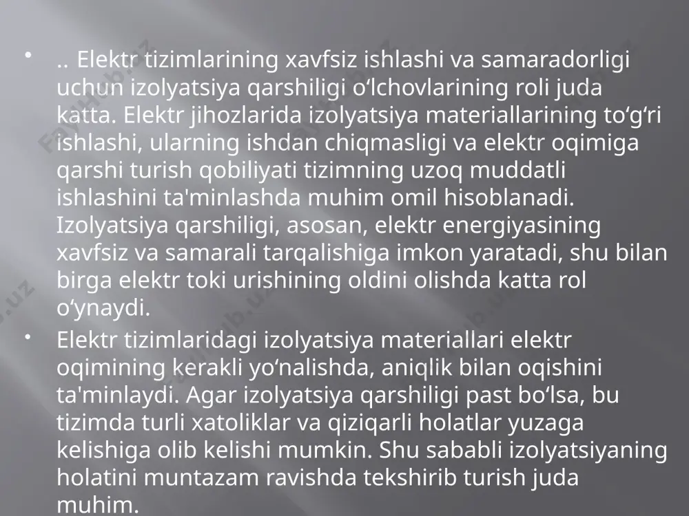 a'minlash uchun zarur bo‘lgan juda muhim jarayon. yaxshi izolyatsiya nafaqat tizimning ishonchliligini oshiradi, balki energiya tejamkorligini ta'minlaydi, xavfsizlikni ta'minlaydi va tizimni uzoq muddat davomida samarali ishlatishga yordam beradi. bu jarayonlar orqali nosozliklarni oldindan aniqlash, ta'mir yoki almashtirish zaruriyatini belgilash mumkin. foydalanilgan adabiyotlar s. m. zubov, "izolyatsion materiallar va ularning ishlash xususiyatlari," ma'lumotnoma, 2010 hamidov nigmatulla “yuqori kuchlanish texnikasi va izolyatsiya” toshkent–2012 александров г. н. ограничение перенапряжений в электрических сетях.учебное пособие. – спб.: издание центра подгатовки кадров, 2003. хайдаров с. д. «ўта кучланиш ва изоляция» фанидан маъруза матнлари. - тошкент: тошдту, 2001. . курганов в. в. изоляция и перенапряжение в электроэнергетических системах. курс лекций по одноименой дисциплине 383 для студентов «электроэнергетика»ю – гомель: ггту им. п. о. сухого, 2010. image2.png image3.png /docprops/thumbnail.jpeg