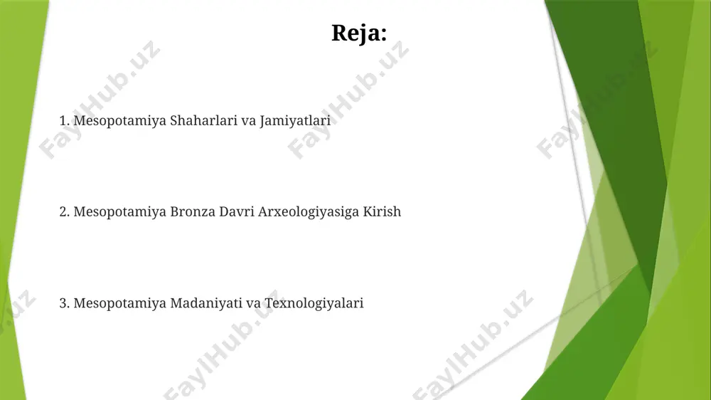 ki bosqichlarida loy yozuvlari va shtamp muhrlarning kashf etilishi, mesopotamiya jamiyatining murakkabligi va rivojlangan yozuv tizimining mavjudligini ko'rsatadi. shaharlar va davlatlar: urbanizatsiya va siyosiy tuzilmalar uruk davri (miloddan avvalgi 4000-3100-yillar) shaharlarning tez rivojlanishi va murakkab ijtimoiy iyerarxiyaning paydo bo'lishi bilan tavsiflanadi, bu esa proto-davlat tuzilmalarning shakllanishiga olib keldi. miloddan avvalgi 3-ming yillikda sumer shahar-davlatlari o'rtasidagi doimiy urushlar va ittifoqlar, siyosiy manzarani va davlatlararo munosabatlarni o'zgartirib turdi. mesopotamiya shaharlarida 3000 dan ortiq yil avval qurilgan zigguratlar, diniy va siyosiy markazlar bo'lib, davlatning markazlashgan tuzilmasini aks ettirgan. e'tiboringiz uchun rahmat @taqdimot_robot