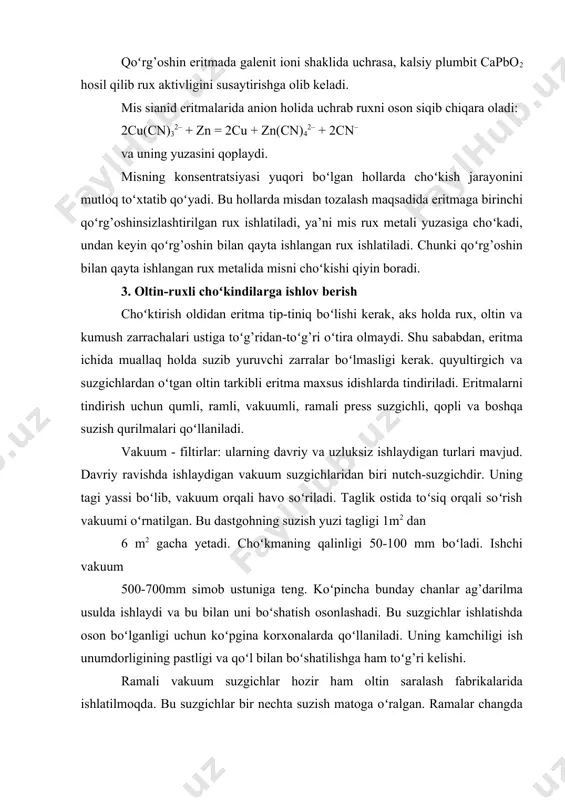 eng. 1m2 yuzadan 0,7 -0,4 t mahsulot olinadi (kek). uzluksiz ishlaydigan vakuum suzgichlar: bunday filtrlarning turlariga barabanli filtrlar kiradi. bunda barcha jarayonni avtomatlashtirish mumkin. bu barabanli suzgich minutiga 3-12 marta aylanadi. aylanayotgan baraban orqali suzgichga eritma so’riladi. eritma soʻrilgach, baraban aylanib choʻkmani yuvish va quritish zonasiga oʻtrazadi. qurigan choʻkma baraban yuzasidan qirib tushiriladi. vakuum-suzgichlarda 1-2 ta resiver oʻrnatiladi. bu resirverlar orqali vakum-nasos moslangan quvurnaylar orqali taqsimlovchi qurilmaga bog’langan. filtrat va yuvindi suvlar resiverda toʻplanib, markazga intilma nasoslar orqali chiqarib yuboriladi. bunday barabanli vakuum-suzgichlarning unumdorligi suzgichga berilgan mineral zarralarning fizik-kimyoviy xususiyati va oʻlchamlariga bog’liqdir. boʻtananing zichligi s: q = 1,5: 1 boʻlib, sutkasiga 1 t/m2 dan oshmaydi. diskli (lappakli) vakum-suzgichlar odatda keng koʻllamda ishlatiladi. bunday dastgohlar ixcham, ishlatishda qulay, ular tagligidagi jom idish bir-ikki boʻlimga boʻlinib, har bir boʻlimdagi suzish uskunalari har hil turdagi boʻtanalaini suzish mumkin. vertikal oʻrnatilgani uchun yuvish qiyin. shu boisdan kek chanlarda repulpatsiyalanadi(ya’ni boʻtana yumshatiladi). buning uchun …