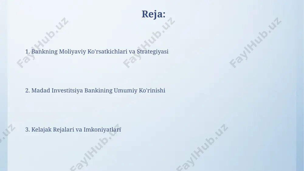 h va 24/7 onlayn xizmatlar orqali tezkor va qulay xizmat ko'rsatishda namoyon bo'ladi. madad investitsiya banki, samarqand va buxoro viloyatlarida keng tarmoqqa ega bo'lib, mahalliy bizneslarga moliyaviy yordam ko'rsatishda e'tiborli o'sish sur'atlarini namoyon etmoqda. mijozlarga taqdim etilayotgan xizmatlar bank mijozlarga kreditlar, shu jumladan, 30% gacha bo'lgan foiz stavkalari bilan kichik va o'rta biznes uchun moliyaviy yordam va samarqand viloyatida yer sotib olish uchun ipoteka kreditlarini taklif qiladi. madad investement bank toshkent shahridagi 5 ta filiali orqali 20 yildan ortiq tajribaga ega bo'lgan mutaxassislar tomonidan investitsiya maslahatlari va portfel boshqaruvi xizmatlarini taklif etadi. bankning missiyasi va vazifalari мадад инвестиция банкининг стратегик вазифаси – 2024 йилгача қишлоқ хўжалиги соҳасида фаолият юритаётган 300 дан ортиқ фермер хўжалигига жами 50 миллион сўмдан ортиқ грантлар ва имтиёзли кредитлар ажратиш орқали аграр секторни ривожлантиришдир. мадад инвестиция банкининг миссияси ўзбекистоннинг 5 та вилоятида кичик ва ўрта бизнес субъектларига 2023 йил якунигача 100 миллион ақш доллари миқдорида кредитлар …