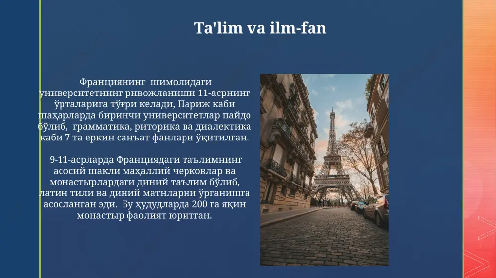 aqinida imzolangan sent-klervu shartnomasi franklar qirolligining bir qismini normanlarga berish bilan yakunlandi, bu esa fransiyaning siyosiy xaritasiga chuqur ta'sir ko'rsatdi. normanlarning istilosi va ta'siri normanlarning ta'siri shimoliy fransiyadagi shaharlarning rivojlanishiga, masalan, ruanda, kayenda, bayeux kabi shaharlarda me'morchilik va madaniy yutuqlarga olib keldi. normanlar 911-yilda sen-kler-sur-ep tomonidan sharqiy fransiya qiroli charlz oddiy bilan sent-kler-sur-ep shartnomasi imzolaganidan so'ng, shimoliy fransiyaga keng miqyosda joylashdilar. qonun va tartib ix-xi asrlarda fransiyadagi qonun va tartib feodal lordlarning mahalliy sudlarga ega bo‘lishi bilan belgilangan bo‘lib, ularning vakolatlari 30 ga yaqin qishloqni o‘z ichiga olgan. normandiya kabi viloyatlarda qonunlarning amal qilinishi qirollik vakillarining zaifligi sababli mahalliy odatlar va lordlarning ixtiyoriy hukmronligiga bog‘liq edi, bu esa 1066 yildan keyin o'zgara boshladi. cherkovning roli va ta'siri 9-11 asrlarda cherkov, shu jumladan parij va orlean kabi shaharlardagi katta soborlarning qurilishi orqali, go'zal san'at va me'morchilikning rivojiga sezilarli hissa qo'shgan. 9-11-asrlar davomida cherkov, masalan, klüni monastiri kabi yirik markazlar orqali, 200 …