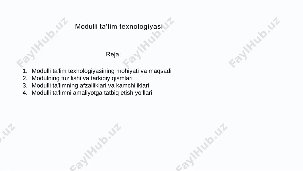 chun qulay va moslashuvchan. 2 resurslarni tayyorlansh modullarni joriy etish uchun yordam beradi. 3 sinovdan o'tkazish amaliyotda qo'llash orqali natija olish. foydalanilgan adabiyotlar t. t. toshxo‘jayev, a. o. yusupova – modulli ta’lim texnologiyasi toshkent, “fan va texnologiya”, 2012. b. t. toshxo‘jayev – pedagogik texnologiyalar: nazariya va amaliyot toshkent, 2010. o. q. yo‘ldoshev – zamonaviy pedagogik texnologiyalar toshkent, “o‘qituvchi”, 2007. a. a. turg‘unboyeva – pedagogik texnologiyalar va pedagogik mahorat toshkent, 2014. x. turdiyev – modulli o‘qitish texnologiyasi qarshi, “nasaf”, 2016. sh. a. raxmonqulova – innovatsion pedagogik texnologiyalar toshkent, 2018. etiboringiz uchun raxmat!!! image1.jpeg image2.jpeg image3.jpeg image4.png image5.png image6.png image7.jpeg image8.jpeg image9.jpeg image10.jpeg