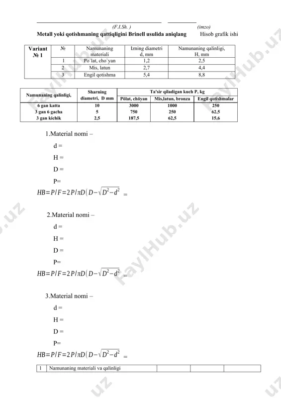 – d = h = d = p= = 2.material nomi – d = h = d = p= = 3.material nomi – d = h = d = p= = 1 namunaning matеriali va qalinligi 2 sharcha diamеtri d, mm 3 yuklama r, kg 4 yuklamaning ta'sir vaqti, sеk 5 izning diamеtri d, mm 6 brinеll boyicha qattiqligi hisoblangani 7 jadvaldan olingani ________ fakulteti _________ yo`nalishi _____ guruhi talabasi ________________________________________________ ___________ (f.i.sh. ) (imzo) мetall yoki qotishmaning qattiqligini brinell usulida aniqlang hisob grafik ishi variant № 2 № namunaning materiali izning diamеtri d, mm namunaning qalinligi, н, mm 1 po`lat, cho`yan 1,0 2,9 2 mis, latun 2,7 4,6 3 engil qotishma 4,4 8,7 namunaning qalinligi, sharning diamеtri, d mm ta'sir qiladigan kuch р, kg pōlat, chōyan mis,latun, bronza еngil qotishmalar 6 gan katta 3 gan 6 gacha 3 gan kichik 10 5 2,5 3000 750 187,5 1000 250 62,5 …