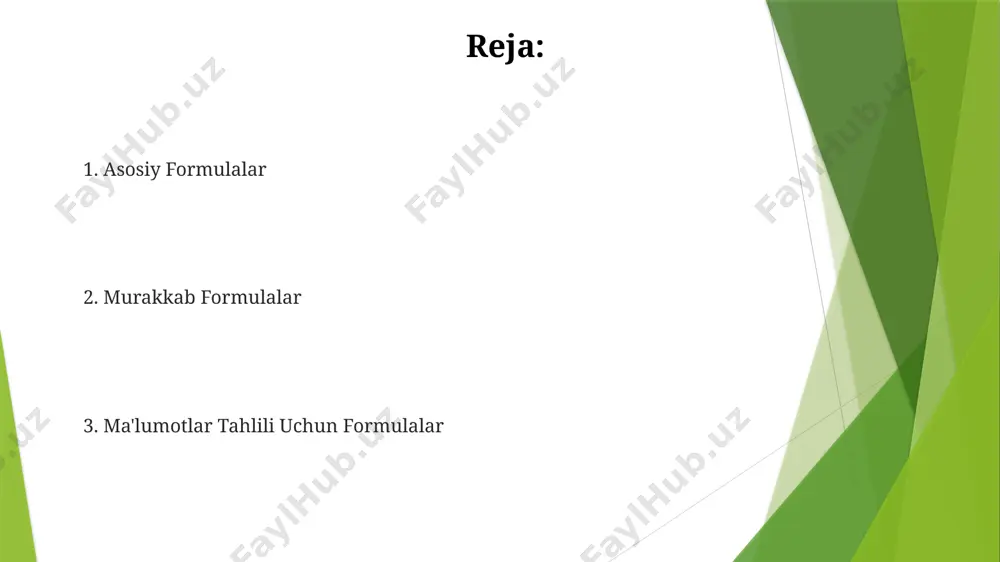 ashda foydalaniladi va natijani toshkentdagi ma'lumotlar bazasida saqlash mumkin. moliyaviy funktsiyalar “rate” funksiyasi esa investitsiya yoki kreditning foiz stavkasini hisoblaydi. masalan, 5 yil davomida 10,000 aqsh dollari miqdorida investitsiya qilinganda va har yili 500 aqsh dollari daromad olishni maqsad qilganda samarqanddagi investitsiya daromadining foiz stavkasini hisoblash uchun ishlatiladi. “pmt” funksiyasi esa kredit yoki investitsiyalarning har oylik to’lovlarini hisoblaydi. masalan, 20 yilga 7% foiz stavkasi bilan 150,000 aqsh dollari miqdoridagi ipoteka krediti uchun oylik to’lovlarni aniqlashda foydalanish mumkin. mantiqiy operatsiyalar excel'dagi mantiqiy operatorlar (>, =, ) yordamida 500 dan ortiq mahsulotlar bo'yicha narxlarni solishtirish va 10% dan yuqori foyda keltiruvchi mahsulotlarni aniqlash mumkin, bu esa xorazm viloyatidagi omborlarni boshqarishni yaxshilaydi. if funksiyasi yordamida 2023 yilgi 3-chorakdagi sotuvlar ma'lumotlarini tahlil qilib, toshkentdagi filial uchun bonuslarni hisoblashda mantiqiy shartlar qo'llash mumkin, bu jarayon samaradorligini 2 baravar oshiradi. matnli funktsiyalar “matnli funksiyalar” da 255 belgidan ortiq matnni birlashtirish uchun concatenate yoki "&" operatoridan foydalanishingiz …