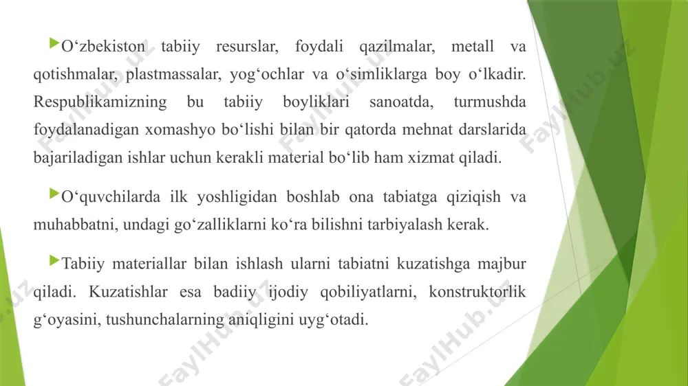 evalar – olcha, o‘rik, shaftoli danaklari va shu kabilar, baliq tangalari va qanotlari, jo‘xori va makkajo‘xori so‘talari, paxta chanog‘i, yong‘oq po‘sti va shu kabilardan keng foydalaniladi. tabiiy materillarni to‘playotgan har bir o‘quvchi tabiiy materiallarni tartibli yig‘ish va tayyorlash lozimligini bilishi, barg to‘plash jarayonida daraxtlar, butalar shoxini qo‘pollik bilan sindirish, gul va shu kabilarni o‘ylamasdan uzish tabiatga nisbatan vahshiylik ekanligini yodda tutishi lozim. gullarni qo‘l bilan sindirib bo‘lmaydi, aks holda poyasi zararlanishi mumkin. o‘simliklami to‘plashda gazeta, gerbariy papkasi, qaychi, paxta bo‘lishi kerak. gazeta daftarsimon taxlanib, orasiga materiallar tartib bilan joylanadi. quritib olishga mo‘ljallangan o‘simliklar har qanday namlikdan holi bo‘lishi kerak, aks holda o‘simlik quritilganda unda dog‘larning izi qoladi. quritilayotgan o‘simlikning tabiiy rangini asrab qolishning eng muhim sharti, ularni shamol o’tib turadigan joyda, yelvizakda, quyosh nurida tez quritib olishdir. o‘simliklarni quritish 3 sutkadan oshmasligi kerak. gerbariy ramkalarida quritish. gerbariy ramkalarida quritilgan o‘simliklarning ko‘pchiligi o‘zining tabiiy rangini saqlab qoladi. bunda o’simlik yumshoq qog‘oz …
