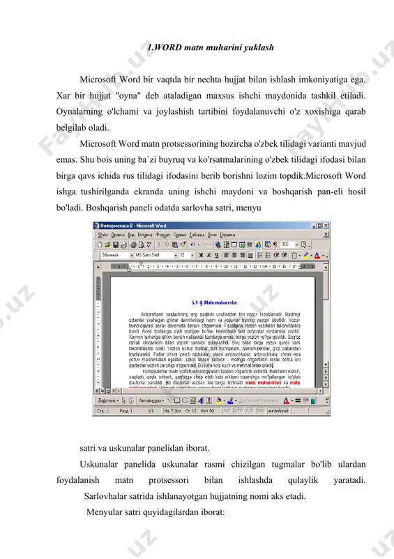 si quyidagi amallarni bajaradi: · turli ko'rinishdagi matnlar va grafik tasvirlarni hujjat matni ichiga joylashtirish. · "format" menyusi quyidagi amallarni bajaradi: · matnlarni formatlash; · grafiklarni formatlash (ularning rangi va o'lchovini o'zgartirish). "servis" menyusi quyidagi amallarni bajaradi: · hujatlarni tekshirish; · word dasturlarini sozlash. "jadval" menyusi quyidagi amallarni bajaradi: · jadvallarni hosil qilish; · to'g'rilash; · formatlash. "oyna" menyusi quyidagi amallarni bajaradi: · ochiq hujjatlar oynasini tartibga keltirish; · kerakli oynani hujjatda ishlatish. "ma`lumot" menyusi quyidagi amallarni bajaradi: word dasturi bilan ishlashga doir ma`lumotlarni olishga xizmat qiladi. word matn protsessorida bir nechta uskunalar paneli bo'lib, asosan ikkita - "standart" va "format" uskunalar paneli ko'p qo'llaniladi. (1- qator:standart uskunalar paneli, 2- qator:format uskunalar paneli) uskunalar panelida maxsus tugmalar joylashgan bo'lib, ular word menyusidagi ak-sariyat buyruqlarga mos amallarni bajarish uchun mo'ljallangan. bu tugmalar ustiga chizilgan rasmlar ular bajaradigan amallarni ko'rsatib turadi. masalan, tugma ustiga disketa rasmi chizilgan. u hosil qilingan matnni diskka …