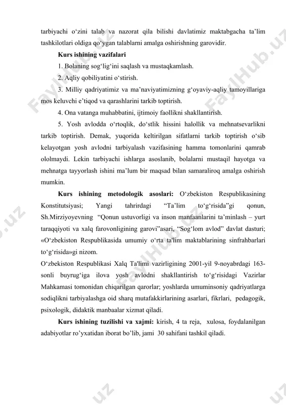 q mutafakkirlarining asarlari, fikrlari, pedagogik, psixologik, didaktik manbaalar xizmat qiladi. kurs ishining tuzilishi va xajmi: kirish, 4 ta reja, xulosa, foydalanilgan adabiyotlar ro’yxatidan iborat bo’lib, jami 30 sahifani tashkil qiladi. 1.ijtimoiy kompetensiya turlari. kompetensiya (lot. “competentio sompeto”, “competence” – erishaman, to‘g‘ri kelaman) – sub’ektning maqsadni qo‘yish va unga erishish uchun tashqi va ichki zahiralarni samarali birga tashkil qila olishlikka tayѐrgarligi ѐki boshqacha qilib aytganda, bu sub’ektning muayyan kasbiy masalalarni echa olishga shaxsiy qobiliyatidir. kompetensiyalarning yig‘indisini (berilgan fan sohasida samarali faoliyat uchun zarur bo‘lgan bilim va tajribaning mavjudligi) kompetentlik deb atashadi. kasbiy ta’limda kompetentlik u ѐki bu sohada bilim va tajribalarning yig‘indisi ѐki anik ish joyi ѐki bajarilaѐtgan ishning o‘zgarib turadigan talablariga mos ta’sir qilishga imkon beradigan umumiy va kasbiy tayѐrgarlik darajasidir. kompetentlik va kompetensiyalar o‘rtasida to‘g‘ri va inversion (tekskari) bog‘liqlik mavjud. pedagog-olim n.a.muslimov bir qancha kasbiy kompetensiyalar turlari (1jadval)ni ajratib ko‘rsatadi va mutaxassisning kasbiy etukligini kompetensiya sifatida e’tirof etadi. 1-jadval. …
