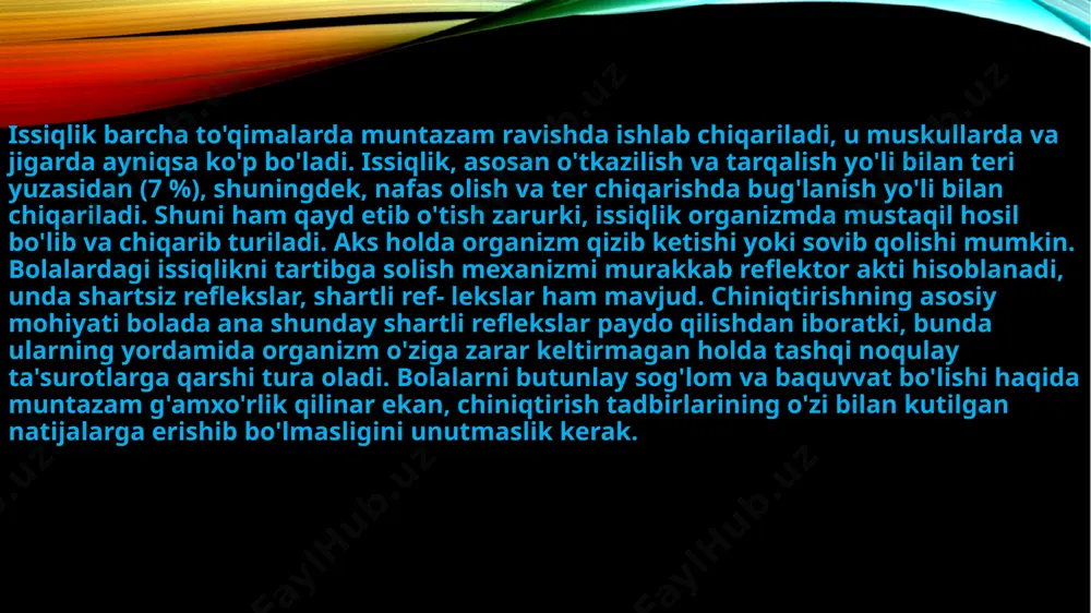 in pasaytirish yoki o'sha haroratning o'zida havo vannasini qabul qilish muddatini asta-sekin uzaytira borish yo'li bilan miqdorlash mumkin. havoning namligini va uning harakatini e'tiborga olish lozim. bu ko'rsatkichlar qancha yuqori bo'lsa havoda yurish muddati shuncha qisqa bo'lishi kerak. harakat paytida qabul qilingan havo vannalari bolalarning harakat faoliyati vaqtida havoning terining yalang'och qismiga bevosita ta'sir etishini ta'minlaydi. bunday havo vannasidan eng maqsadga muvofig'i va tabiiy ko'rinishi ochiq havoda derazalari ochiq xonalarda o'tkaziladigan ertalabki gimnastika, jismoniy tarbiya mashg'ulotlaridir. havo vannalarini bunday o'tkazish sovuq havo va jismoniy mashqlar bolaga bir vaqtning o'zida ta'sir qildiriladi. havo bilan chiniqtirishda bolani yil bo'yi har kuni muntazam ravishda sayr qildirish ham tavsiya etiladi. quyosh vannalari suvni haqli ravishda obi-hayot deb atashadi. ustidan muntazam suv quyib turgan va ayniqsa, sovuq suvda muntazam cho'milib yurgan kishilar intensiv ravishda jismoniy mashq bilan shug'ullansalar bu chindan ham tetik va salomatlikning kuchli manbayi bo'ladi. haqiqatan ham suvda chiniqtirish tadbiri ham- ma uchun …