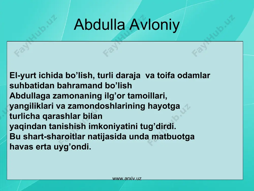 inqilobi” nomli pyesalar yozgan. u 1934-yilda vafot etdi. www.arxiv.uz www.arxiv.uz abdulla avloniy avloniyning asr boshidagi bu xasratli nidosi buyuk bobolarimiz arvohlarining ruhi yanglig’ turkistonliklar boshi uzra deyarli sakson yil davomida charx urib yurdi. axloqiy-falsafiy mazmunga ega bo’lgan “turkiy guliston…” badiiy teran va go’zal asardir. u “axloq”, “tarbiya”, “yaxshi xulqlar”, “yomon xulqlar” deb nomlangan kimsalarga bo’linadi. ularning ichida har bir axloqiy tushunchani yuritishga alohida parcha ajratiladi va u mo’jaz naql, ixcham hikoyatlar bilan bezaladi-pedagogik mazmun badiiy va tarixiy obrazlar vositasida yanada mustahkamlanadi. www.arxiv.uz www.arxiv.uz