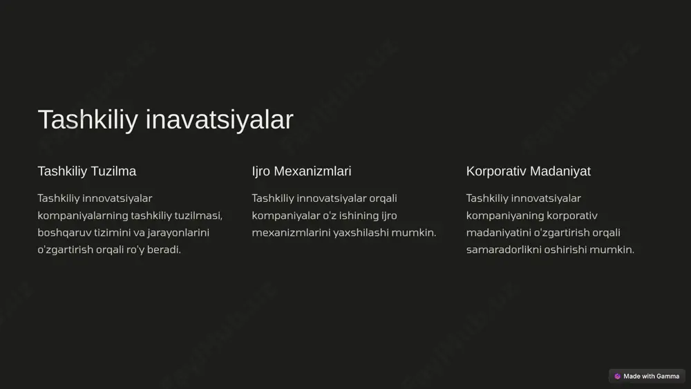 7.2013 8 ‹#› radikal inavatsiyalar tub o'zgarishlar radikal innovatsiyalar kompaniya yoki tashkilotning asosiy tuzilmasida tub o'zgarishlarni talab qiladi. yangi bozorlar bu innovatsiyalar mavjud bozorlardan tashqarida yangi bozorlarni yaratish imkoniyatini beradi. yuqori darajadagi risk radikal innovatsiyalar katta risklar bilan bog'liq bo'lsa-da, yuqori darajadagi foyda keltirishi mumkin. 1.7.2013 9 ‹#› image1.jpeg vagtzzunp6y.mp4 image2.png image3.png image4.png image5.png image6.png image7.png image8.png image9.png image10.png image11.png image12.png image13.png image14.png image15.png /docprops/thumbnail.jpeg