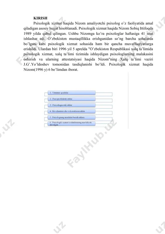 yilda nizomga qayta o’zgartirish kiritildi. o’zbekiston respublikasi xalq ta’limi muassasalarida psixologik xizmat to’g’risidagi n i z o m mazkur nizom o’zbekiston respublikasi vazirlar mahkamasining 2010 yil 7 iyundagi 109-sonli “umumta’lim maktablarining 9-sinf bitiruvchilarini akademik litseylar va kasb-hunar kollejlarida o’qitish bilan qamrab olishni ta’minlash bo’yicha normativ-huquqiy bazani yanada takomillashtirish to’g’risida”gi qarori (o’zbekiston respublikasi qonun hujjatlari to’plami, 2010 y., 23-son, 184-modda) ga muvofiq, o’zbekiston respublikasi xalq ta’limi tizimidagi muassasalarda psixologik xizmat (keyingi o’rinlarda psixologik xizmat deb ataladi)ning maqsadi, vazifalari hamda faoliyatining tashkiliy asoslarini belgilaydi. i. umumiy qoidalar 1. psixologik xizmat o’quvchilarni kasb-hunarga yo’naltirish va psixologik-pedagogik respublika tashxis markazi (keyingi o’rinlarda respublika tashxis markazi deb yuritiladi) ning tarkibiy tuzilmasi hisoblanadi. 2. psixologik xizmat “psixologiya” ixtisosligi bo’yicha oliy ma’lumotga ega bo’lgan psixolog yoki qayta tayyorlashdan o’tib, “amaliyotchi psixolog” malakasiga ega bo’lgan oliy ma’lumotli pedagoglar tomonidan amalga oshiriladi. ii. psixologik xizmatning maqsad va vazifalari 3. psixologik xizmatning maqsadi - shaxsning har tomonlama shakllanishi, rivojlanishi, samarali …