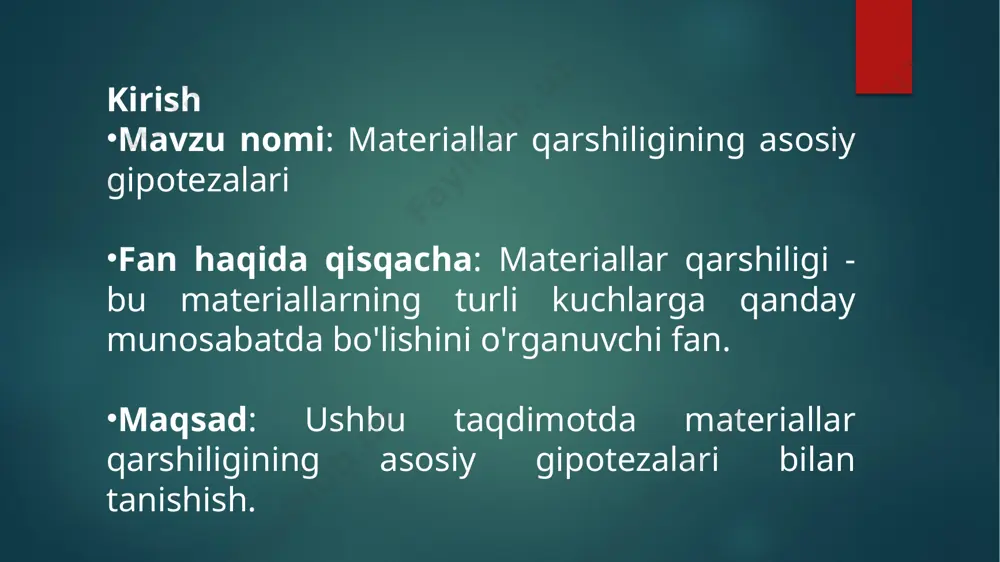 rning mustahkamligi ta'rif: har qanday material ma’lum bir maksimal kuchlanishga ega. amaliy qo‘llanilishi: konstruktsiyalarni loyihalashda materiallarning kuchlanish sig'imi asos qilib olinadi. natija: material qachon sinishini oldindan bilish va unga qarshi oldini olish choralari ko'rish. bu prinsip asosida, jismga u qadar katta bo‘lmagan yuzachalarda taqsimlangan kuchlar shu kuchlarning teng ta’sir etuvchisini ifodalovchi bitta to‘plangan kuch bilan almashtirilishi mumkin, buning natijasida hisoblash ishi osonlashadi. misol tariqasida to‘plangan kuchdan cho‘zilgan sterjen 1.7,a-chizmada keltirilgan, 1.7,b- chizmada 2-2 kesimda kuchlanish tarqalish keskin o‘zgarishi, 1.7,d-chizmada 3-3 kesimda kuchlanish tarqalish asta-sekin tekislana borishi, 1.7,e-chizmada kuch qo‘yilgan kesimda yetarlicha uzoqdagi 4-4 kesimda kuchlanish tekis tarqalganligi ko‘rsatilgan xulosa asosiy gipotezalar - bu materiallar qarshiligi fanining asosiy elementlari. ularning yordamida ko'priklar, binolar, mexanik tizimlar va boshqa ko'plab konstruktsiyalarni xavfsiz qurish mumkin. materiallarni tahlil qilishda gipotezalarni yaxshi bilish katta ahamiyatga ega. image6.png image2.png image3.png image4.png image5.png /docprops/thumbnail.jpeg
