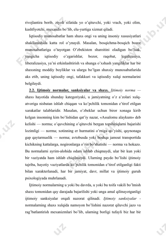 xonaga kirib kelgan insonning kim bo’lishidan qat’iy nazar, «assalomu alaykum» deb kelishi — norma; o’quvchining o’qituvchi bergan topshiriqlarni bajarishi lozimligi — norma; xotinning er hurmatini o’rniga qo’yishi, qaynonaga gap qaytarmaslik — norma; avtobusda yoki boshqa jamoat transportida kichikning kattalarga, nogironlarga o’rin bo’shatishi — norma va hokazo. bu normalarni ayrim-alohida odam ishlab chiqmaydi, ular bir kun yoki bir vaziyatda ham ishlab chiqilmaydi. ularning paydo bo’lishi ijtimoiy tajriba, hayotiy vaziyatlarda ko’pchilik tomonidan e’tirof etilganligi fakti bilan xarakterlanadi, har bir jamiyat, davr, millat va ijtimoiy guruh psixologiyada muhrlanadi. ijtimoiy normalarning u yoki bu davrda, u yoki bu toifa vakili bo’lmish shaxs tomonidan qay darajada bajarilishi yoki unga amal qilinayotganligi ijtimoiy sanksiyalar orqali nazorat qilinadi. ijtimoiy sanksiyalar - normalarning shaxs xulqida namoyon bo’lishini nazorat qiluvchi jazo va rag’batlantirish mexanizmlari bo’lib, ularning borligi tufayli biz har bir alohida vaziyatlarda ijtimoiy xulq normalarini buzmaslikka, jamoatchilikning salbiy fikri obyektiga aylanib qolmaslikka harakat qilamiz. masalan, yuqoridagi misolda, agar …