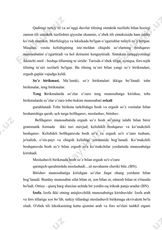 sikasining katta qismini arab va fors so'zlari tashkil etgani uchun bu tillardan izofiy birikmalar ham juda ko’plab o’zlashgan. misollar: haki pay, abi hayvan (lutf.). arab va fors tillaridagi aniqlovchi-aniqlanmishning joylashuvi bilan o'zbek tilidagi aniqlovchi-aniqlanmishning o'rinlashuvi o'rtasida jiddiy farq mavjud. arab va fors tillarida avval aniqlanmish keyin aniqlovchi kelsa, o’zbek tilida avval aniklovchi so’ng aniqlanmish keladi. gap bo’laklari. ma`lumki, gap bo’laklari gapni tashkil qiluvchi so'z shakllari, birikmalari va boshqa sintaktik birliklarning tarkibiy va ma`no xususiyatlariga ko'ra farqlanadi. bunda tarkibiy xususiyat tushunchasi gap bo’laklarining ifodalanishi, ularning gapdaga boshqa sintaktak hodisalar bilan bog’lanishi va sintaktik mavqe tushunchalarini o’zida birlashtiradi, ular ma`lum bir ma`noni tashishga xizmat qiladi. bosh bo’laklar. ma`lumki, ega fikr ob`ektini, nutq, predmetini ko’rsatuvchi bosh bo'lakdir. an`anaviy tilshunoslikda gapning harkim bolaga ega deb e`tirof etiladi. «ega ikki sostavli gapning bosh bo’laklaridan biridir: u hokim sostavning grammatik markazi, shu sostavdagi bo’laklarga, shuningdek, tobe sostavdagi bosh bo’lakka - kesimga ham hokimdir. ega absolyut hokim …