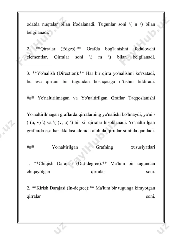 teng bo'lsa, bu eylier teoremasidan kelib chiqadi. 7. **matritsalar orqali tasvirlash**: - **alohida matritsa**: $n \times n$ o'lchamli bo'lib $a_{ij}=1$, agar $i$ va $j$ uchi orasida qirra mavjud bo'lsa, aks holda $a_{ij}=0$. - **hodisal matritsa**: $m \times n$ matritsa, bu yerda $m$ qirralar soni, $n$ uchlar soni. $m_{ij}=1$, agar $i$-qirra $j$-uchga ulanib tursa. 8. **o'lish imkoniyatlari**: - har bir ulash kpligining quyi chegarasi - ya'ni faqat linear grafiklar: bu holatda $|e|=|v|-1$. 9. **eylier hamda gamilton graflar**: - **eylier sikli mavjud**: graf eylier siklga ega bo'lishi uchun barcha uchlarining gradusi juft bo'lishi kerak. - **gamilton tsikli**: har bir uch faqat bir marta tekshirilishi kerak va boshlang'ich nuqtaga qaytishi kerak. 10. **bipartit graflar**: - bunday graf ikki to'plam uchidan tashkil topadi va qirralar faqat bu to'plamlarning a'zolari orasida mavjud bo'ladi. yo'naltirilmagan graflar nazariyasi asoslari ko'plab murakkab matematik va amaliy masalalarni hal etishda foydalaniladi. bu masalalarning ko'pchiligi real dunyodagi muammolarni ifodalashda ahamiyatli bo'lib, …